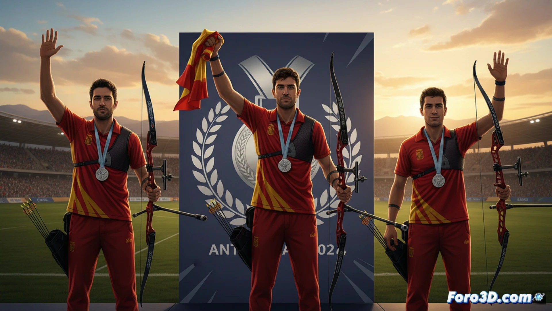 Arquero español disparando en final del Europeo de Antalya, arco compuesto tensado al máximo, fleja dorada saliendo del arco con estela de velocidad, diana con dianas concéntricas al fondo, viento ligero moviendo la bandera de España ondeando, cámara lenta capturando el momento exacto del disparo, sudor en la frente del arquero, luz cálida del atardecer mediterráneo, público borroso en tribunas, hierba del campo de tiro, equipo técnico de medición de viento digital visible a un lado, estilo cinematográfico fotorrealista, detalle hiperrealista de plumas de la flecha y cuerda del arco, profundidad de campo reducida, tonos azules y naranjas del cielo turco.