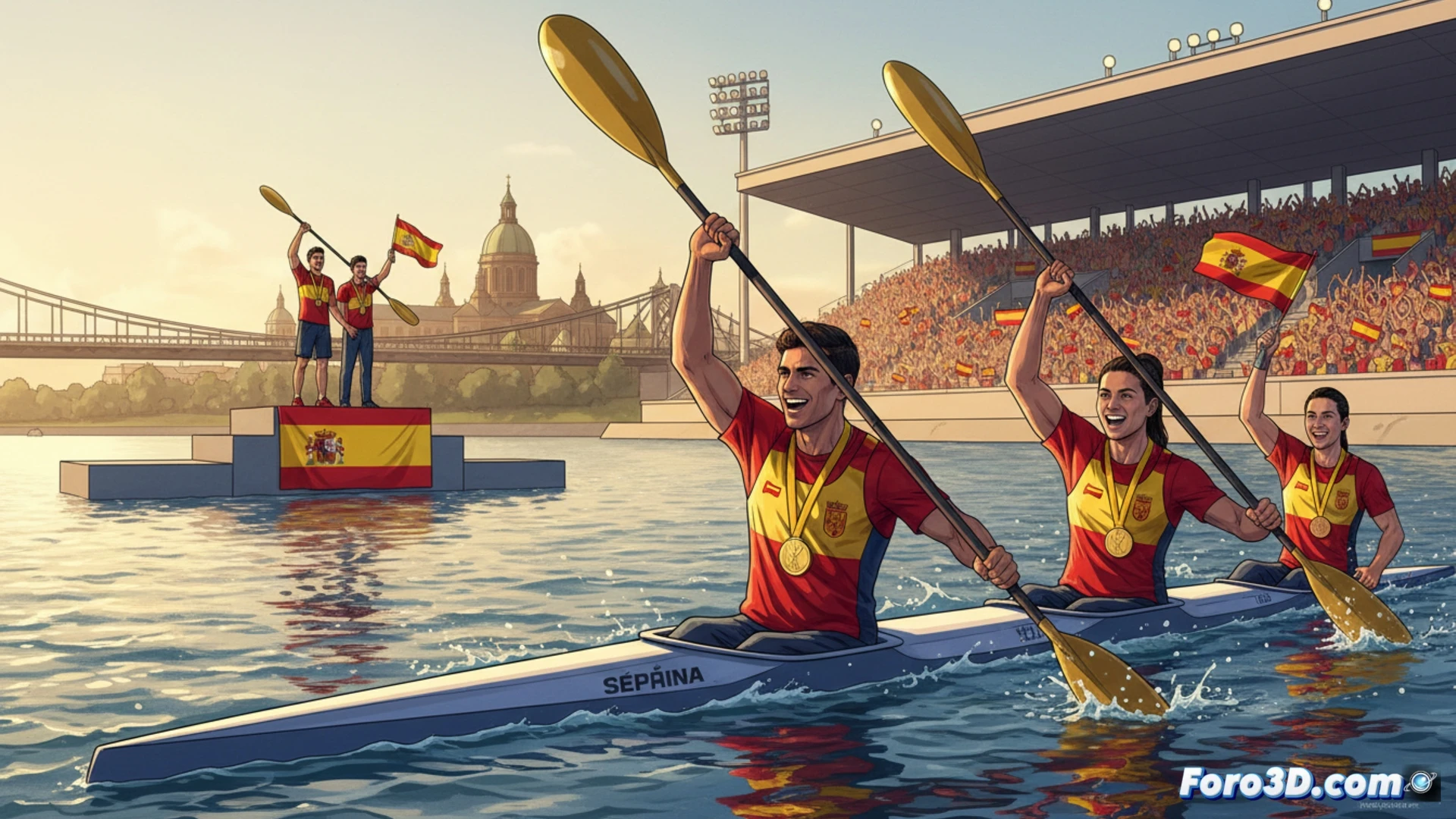 Palista español con remo alzado celebra oro en Szeged, con dos oros y dos bronces en el podio de fondo.