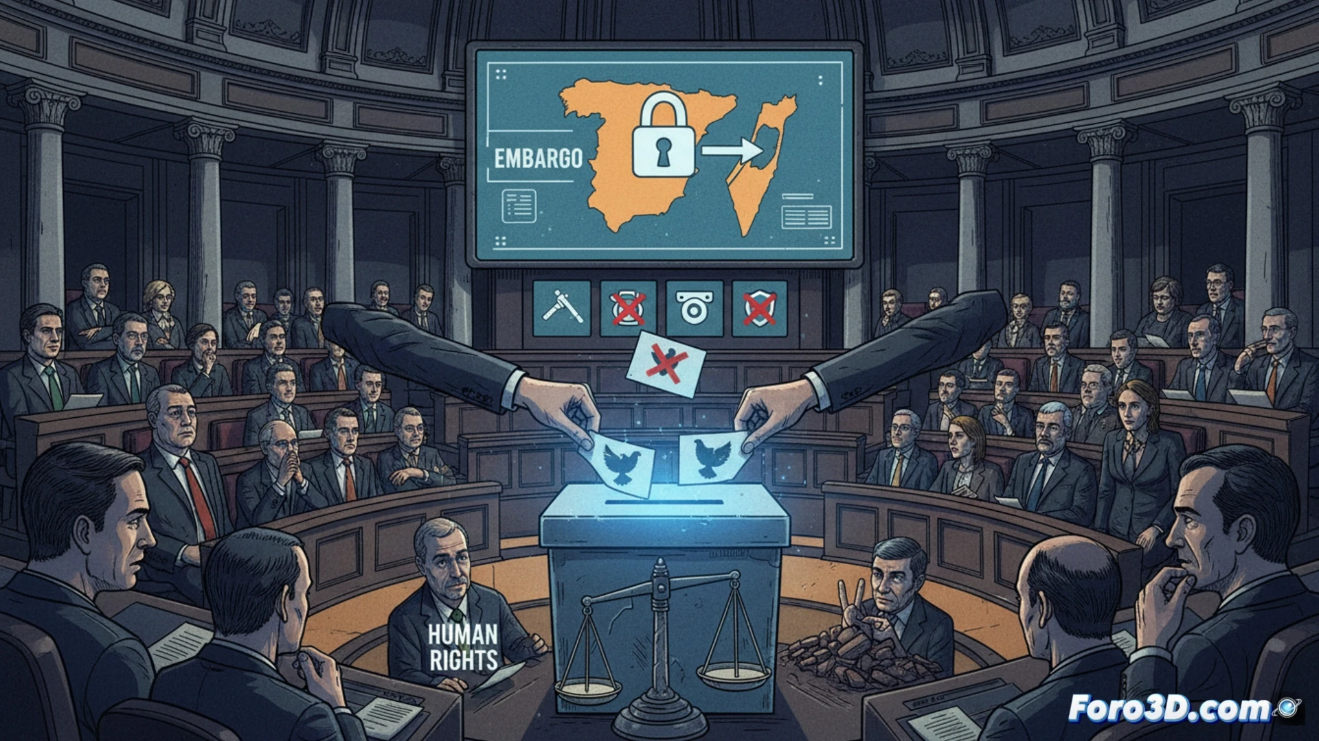 Una sala del Congreso de los Diputados, con diputados en debate, sobre fondo un mapa de Gaza y material policial israelí tachado en rojo.