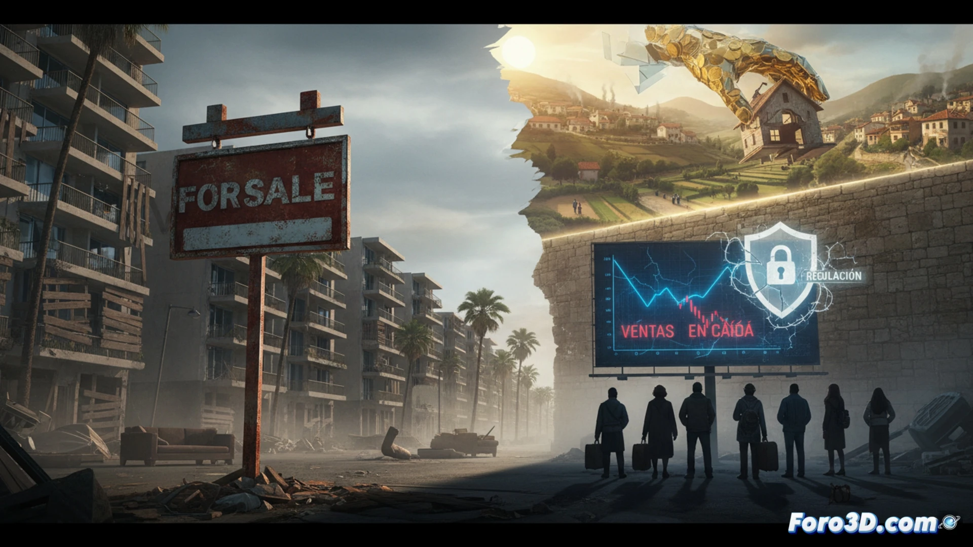 Real estate market graph collapsing over a Mediterranean coastal city skyline, investor hand crushing a miniature house model while pushing a golden coin into a cracked foundation, red warning indicators flashing on a digital property index screen, abandoned construction crane frozen mid-motion above empty luxury towers, stable green line continuing across rural inland map in background, photorealistic architectural visualization with cinematic shadows, dramatic sunset contrast between affluent tourist zone and dark empty residential blocks, ultra-detailed building textures, financial chart overlays with glowing negative trend lines, technical illustration style