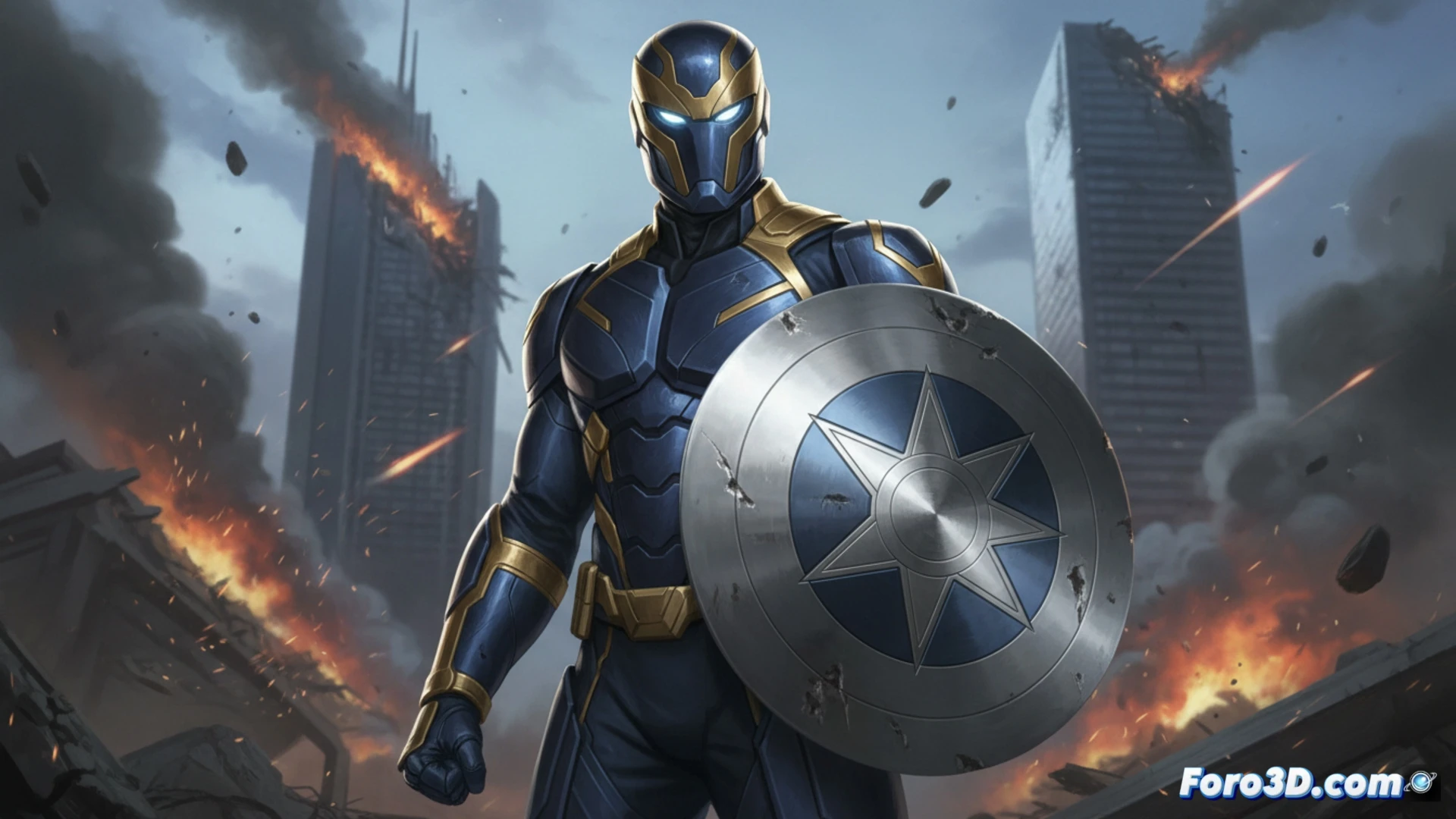 Lemar Hoskins, Estrella de Batalla, empuña su escudo de adamantium en posición de combate, listo para la acción.