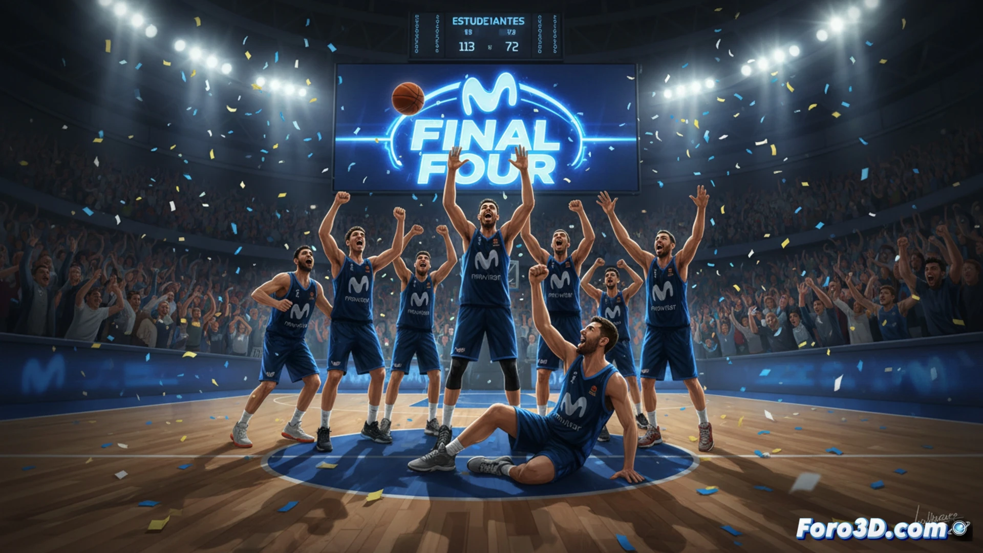 high-angle basketball arena scene, Movistar Estudiantes player in white jersey executing a powerful one-handed fast-break dunk, opposing defenders scrambling out of position, scoreboard visible in background showing 72-113, fans in stands erupting with raised arms, dynamic motion blur on player's limbs and ball, polished hardwood court reflecting court lights, sports photorealistic style, dramatic spotlighting, sweat droplets frozen mid-air, intense playoff atmosphere, ultra-detailed jersey fabric texture, cinematic sports action shot
