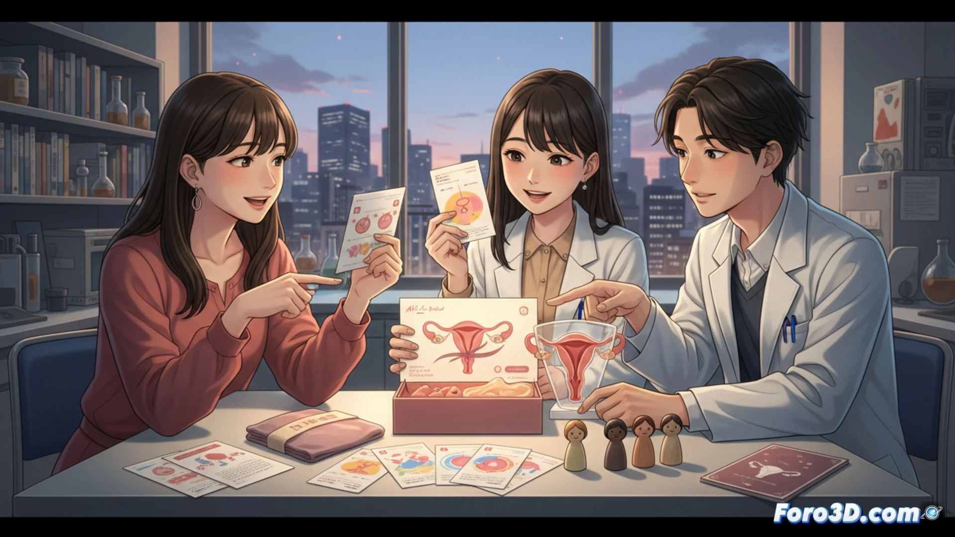 Estudiantes japonesas de la Universidad de Tokio presentan un kit educativo colorido sobre menstruación, con gráficos y modelos anatómicos.