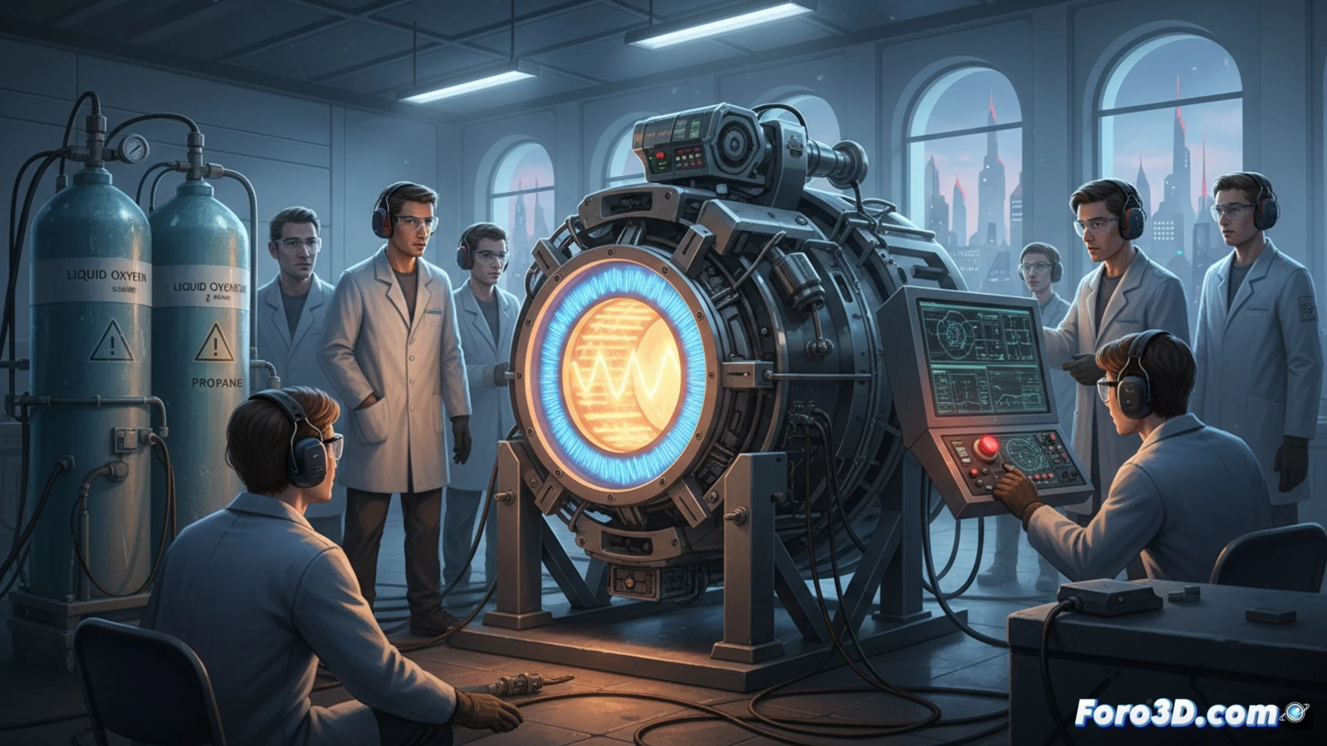 Estudiante manipulando motor RDRE en banco de pruebas al aire libre, ondas de detonación anulares visibles como anillos de plasma azul-naranja dentro de la cámara anular, propano líquido y oxígeno fluyendo por tuberías metálicas hacia el inyector, sensores de presión y termopares conectados a un rack de adquisición de datos con cables coaxiales, humo y gases de escape expandiéndose en el cono de tobera, fondo de hangar industrial con herramientas de taller, luz de destello estroboscópico sincronizado con la detonación, estilo fotorealista de ingeniería aeroespacial, texturas de metal cepillado y carbono, cromaticidad técnica con reflejos anaranjados, composición cinematográfica gran angular.