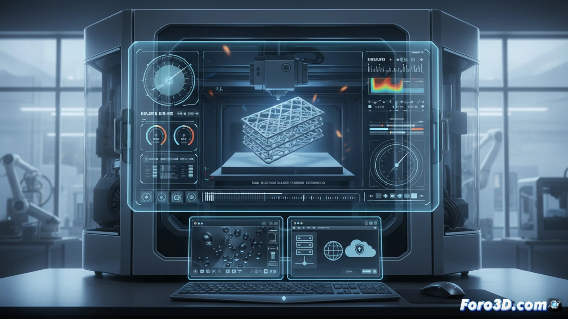 Un operador sostiene una tableta junto a una impresora 3D metálica LPBF en funcionamiento, con la interfaz de Euler Viewer mostrando datos de monitoreo en tiempo real sin cables ni software externo.