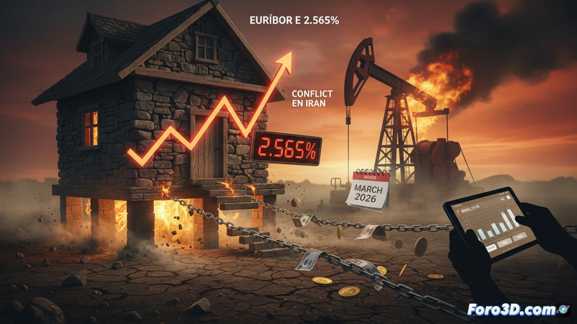 A person using a smartphone with a mortgage calculator app open, screen showing a red upward arrow next to a 2.565 number, bank documents and a laptop with a comparison table of loan offers on a desk, while a small model house is being lifted by a red line chart trending upward, dramatic lighting casting shadows, cinematic photorealistic technical illustration, action of comparing and adjusting numbers visible, realistic financial office setting, ultra-detailed electronic device screens showing fluctuating interest rates.