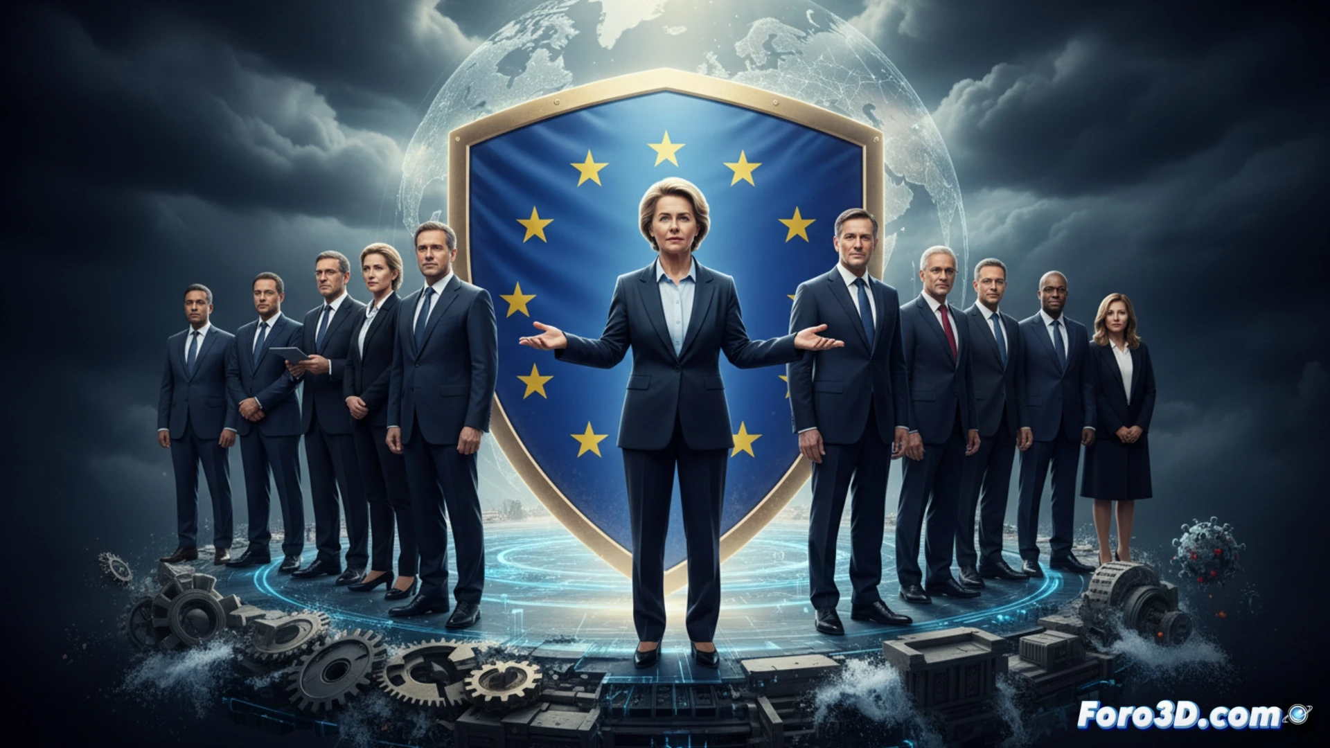 Un grupo de líderes europeos, con Ursula von der Leyen al centro, posa ante banderas de la UE en un atardecer simbólico, reflejando unidad frente a crisis globales.