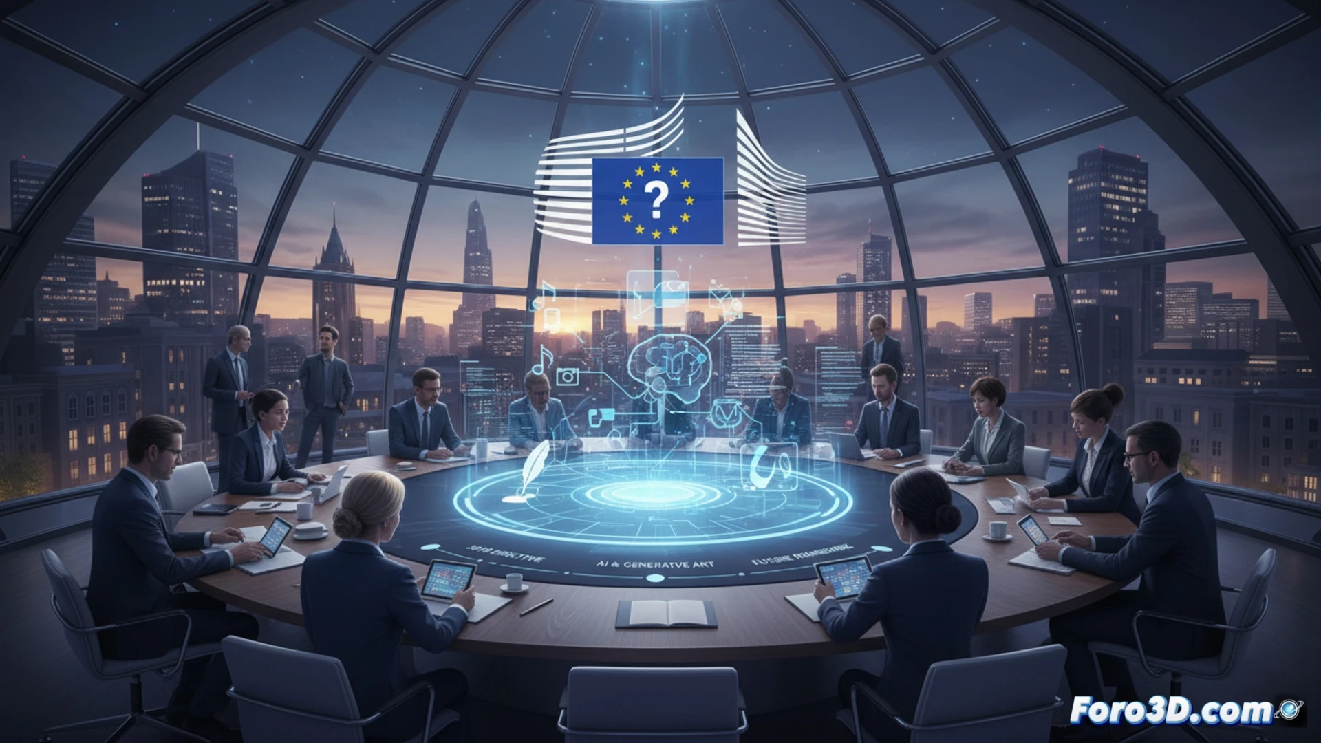 European Commission modern glass building interior, digital rights consultation process shown on holographic interface, lawyers and tech experts reviewing AI-generated content on multiple screens, copyright symbols floating near server racks, live streaming piracy being blocked by firewall visualization, photorealistic cinematic shot, warm bureaucratic lighting mixed with cool blue digital glow, polished marble floor reflections, high-tech legal atmosphere, ultra-detailed architectural and electronic elements