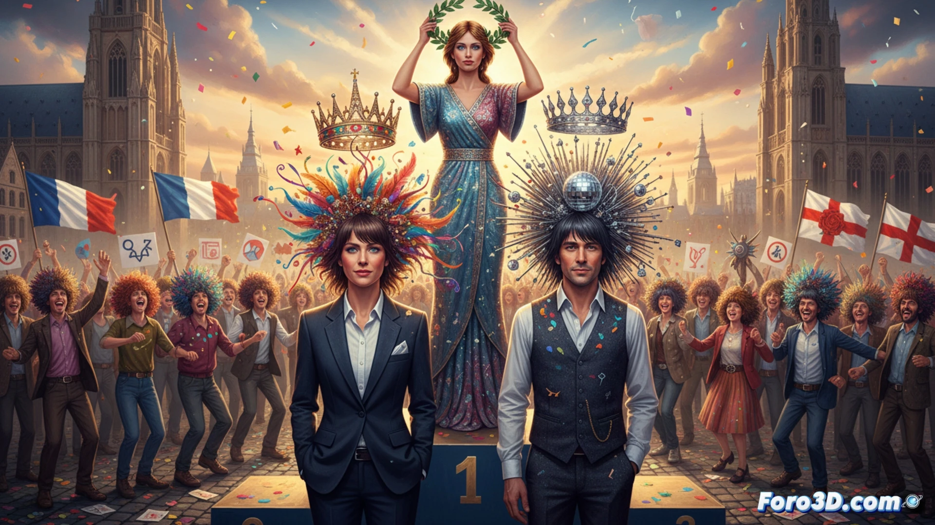 crowd of european contestants at the 2026 mullet championship in belgium, judges measuring hair contrast between serious front and festive back, a 60-year-old woman with long mullet being applauded, winners berenice and samuel holding a trophy, tolerance and diversity symbols, cinematic photorealistic style, outdoor stage with technical lighting, hair strands flowing in wind, bokeh background, emotional candid expressions, ultra-detailed textures, dramatic golden hour illumination
