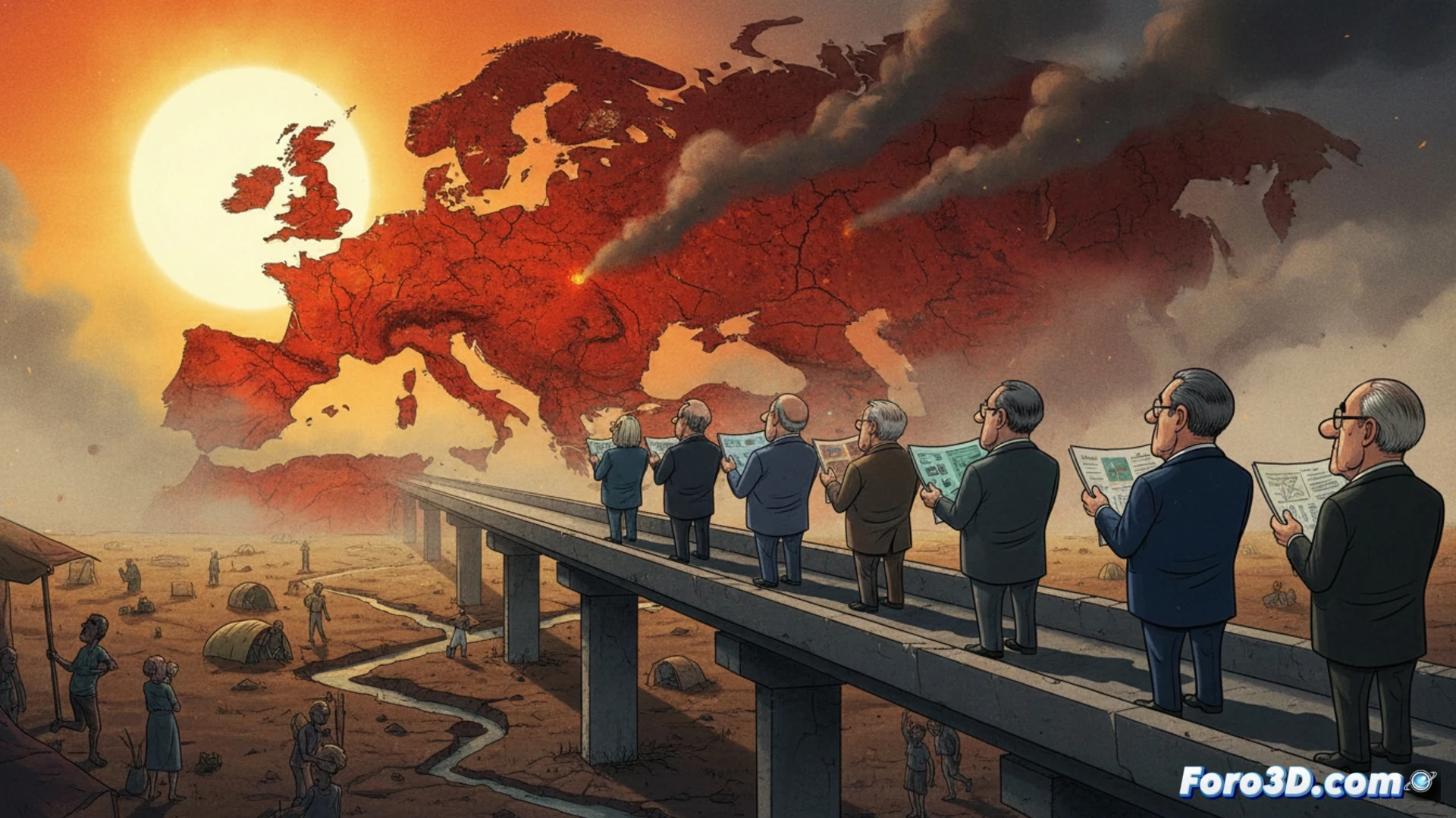 photorealistic cinematic aerial view of a cracked, parched European city plaza during a heatwave, elderly citizens collapsing near a dry fountain, in the background a massive gleaming solar farm megaproject and idle construction cranes, politicians in suits ignoring thermometer displays showing 48°C, heatwaves distorting the air, smog from fossil fuel plants mixing with emergency tents, technical illustration style, dramatic harsh sunlight, ultra-detailed urban textures, environmental collapse atmosphere