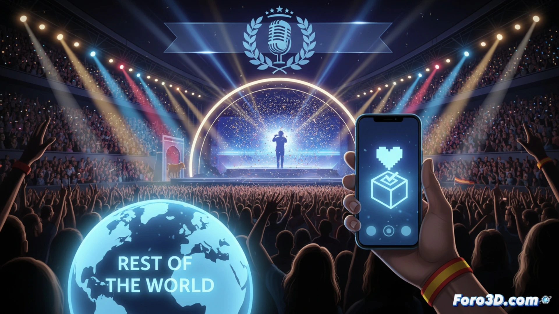 photorealistic scene of a glowing smartphone screen held by a person's hand, displaying a digital voting interface with a European flag icon and a globe symbol labeled Rest of the World, while a television in the background shows a Eurovision stage with a red cross over an Israeli flag, voting buttons with checkmarks being pressed by a finger, technical illustration style, dramatic studio lighting, blurred crowd silhouette behind the TV, high-contrast shadows, metallic smartphone frame reflecting light, cinematic composition