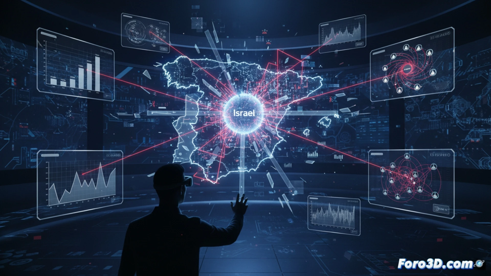 Visualización 3D de datos de televoto con picos anómalos y nodos de conexión sospechosos