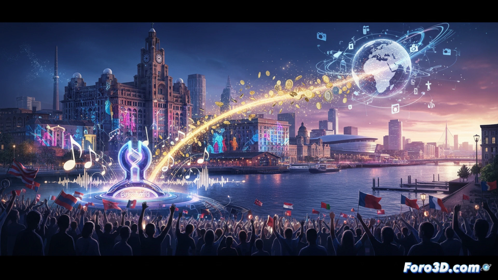 Una imagen de Liverpool brillando de noche, con el escenario de Eurovisión iluminado junto al río Mersey, abarrotado de público celebrando.