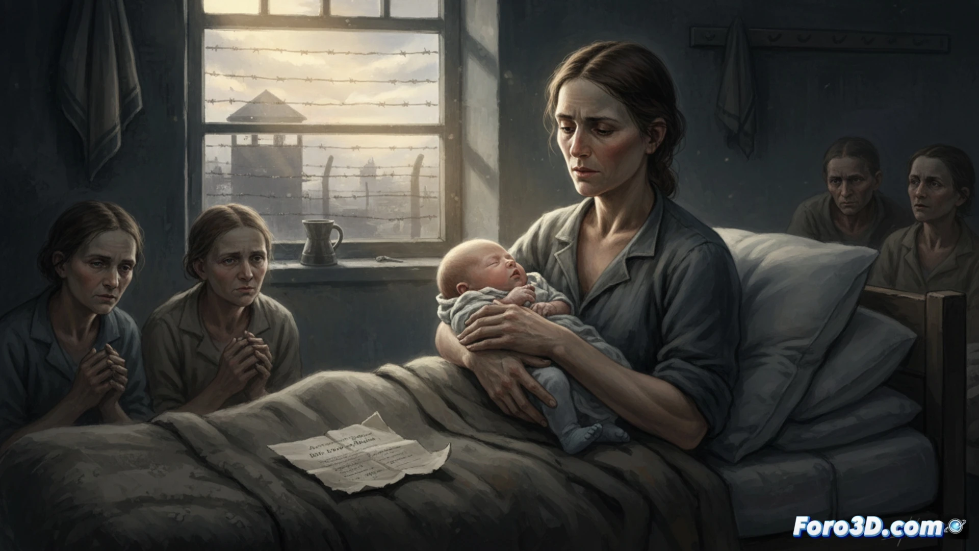photorealistic cinematic scene of a pregnant woman in striped prisoner uniform standing in a muddy concentration camp yard, gripping a rusty factory workbench while a Nazi officer holds a clipboard with a forced euthanasia consent form, her swollen belly visible under torn cloth, Mauthausen stone barracks in background, grey overcast sky, barbed wire fences, technical illustration style, harsh shadows, dramatic chiaroscuro lighting, ultra-detailed textile folds and metal fatigue on workbench, historical accuracy in uniform details, raw emotional tension in posture and gesture