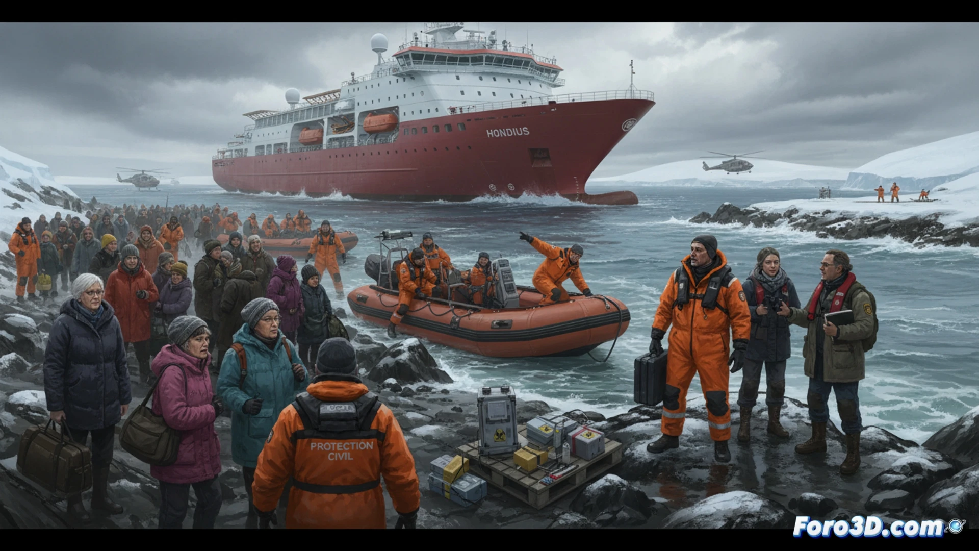 Evacuación del Hondius: personal de rescate en cubierta, científicos observan críticos, botes salvavidas tensos.