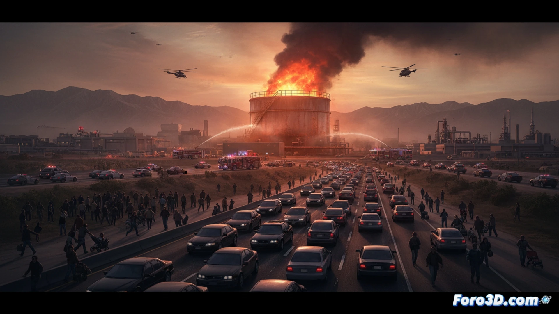Aerial view of a massive chemical tank in a California aerospace plant, tank surface glowing red-hot from overheating, emergency crews in hazmat suits spraying cooling water from a distance, massive evacuation traffic jam on highways stretching miles, smoke rising from pressure relief valves, helicopters hovering overhead, cinematic photorealistic disaster scene, dramatic orange sunset lighting, industrial facility with warning signs, urgent evacuation action visible, realistic emergency response vehicles, ultra-detailed technical infrastructure