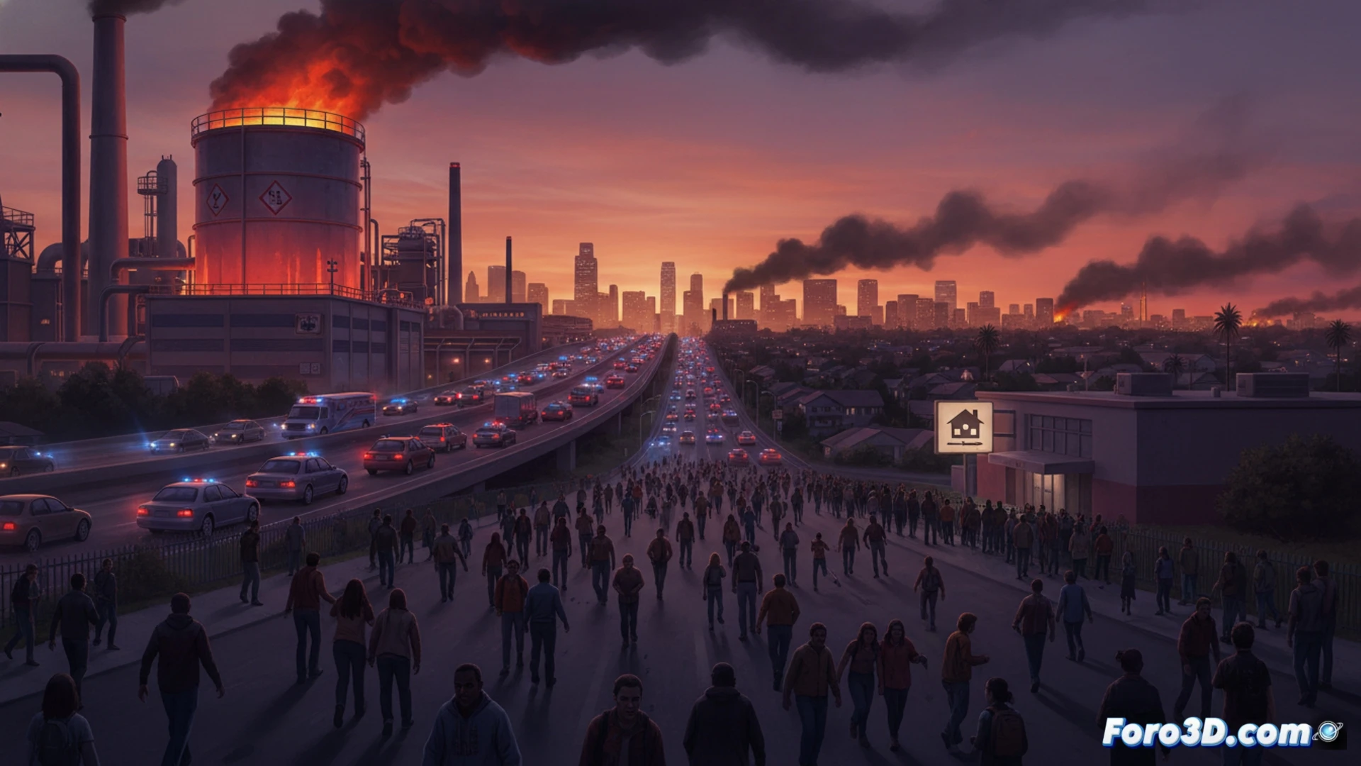 photorealistic wide shot of a massive evacuation in a suburban industrial zone, a large cylindrical chemical tank glowing red-hot with pressure gauges showing critical levels, thousands of people walking quickly away from the factory toward school buildings with open doors, emergency vehicles with flashing lights blocking streets, a visible plume of toxic vapor rising from the tank vent, haze over the densely packed houses, dramatic overcast sky, cinematic documentary style, ultra-detailed industrial structures and crowd movement, high-contrast lighting