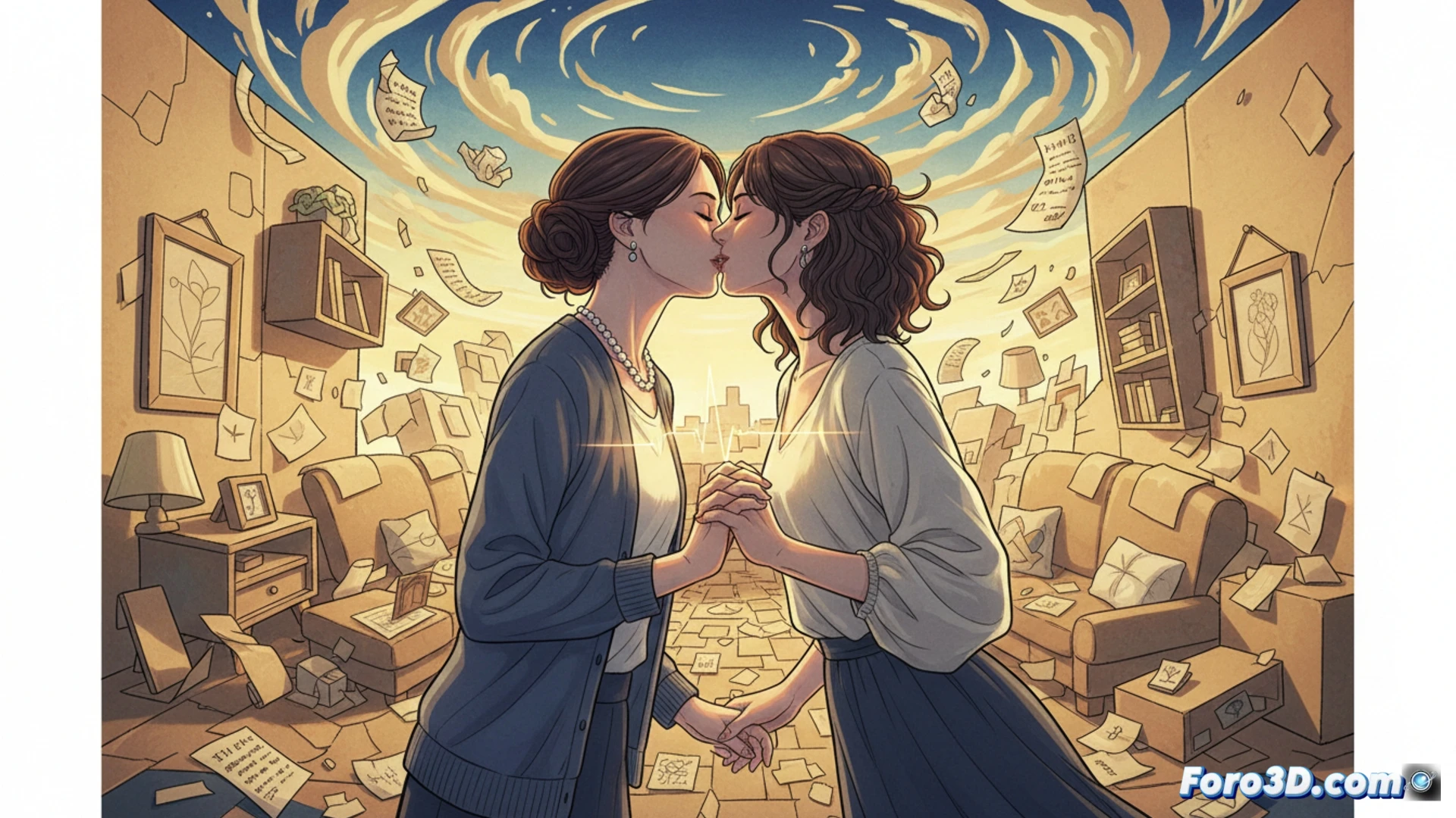 Dos mujeres, una con mirada de desconcierto y la otra con sonrisa leve, frente a un espejo roto que refleja una vida de cartón piedra desmoronándose.