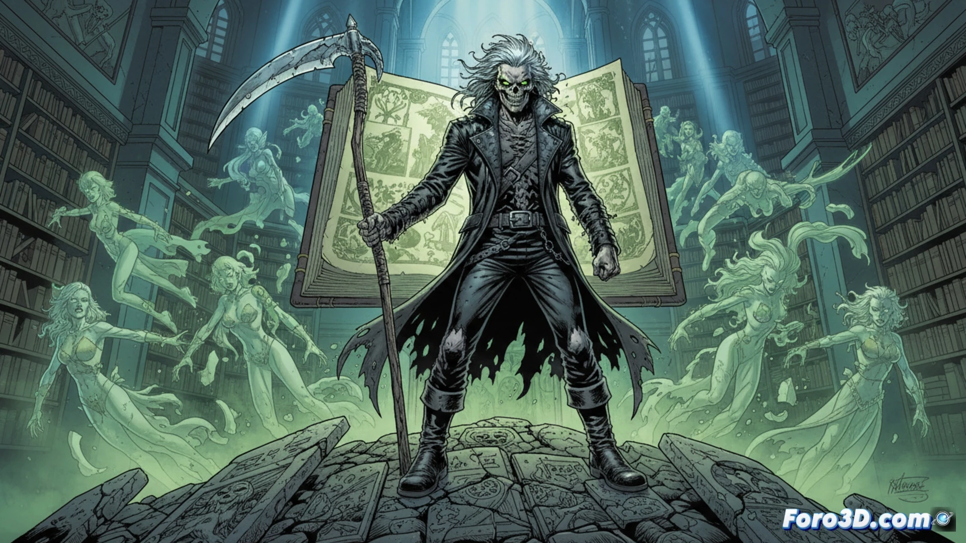 Evil Ernie, con su macabra sonrisa, alza un cráneo sangrante sobre pilas de cómics de Chaos! Comics; al fondo, Chastity y Purgatori emergen entre llamas verdes y púrpuras.