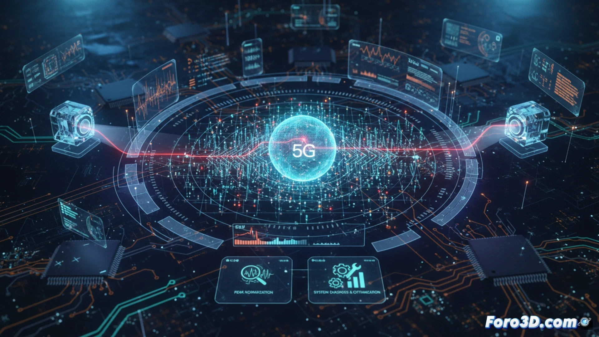 Ilustración técnica de un diagrama de constelación 5G con vectores EVM, señal modulada y equipo de medición Rohde & Schwarz en laboratorio.