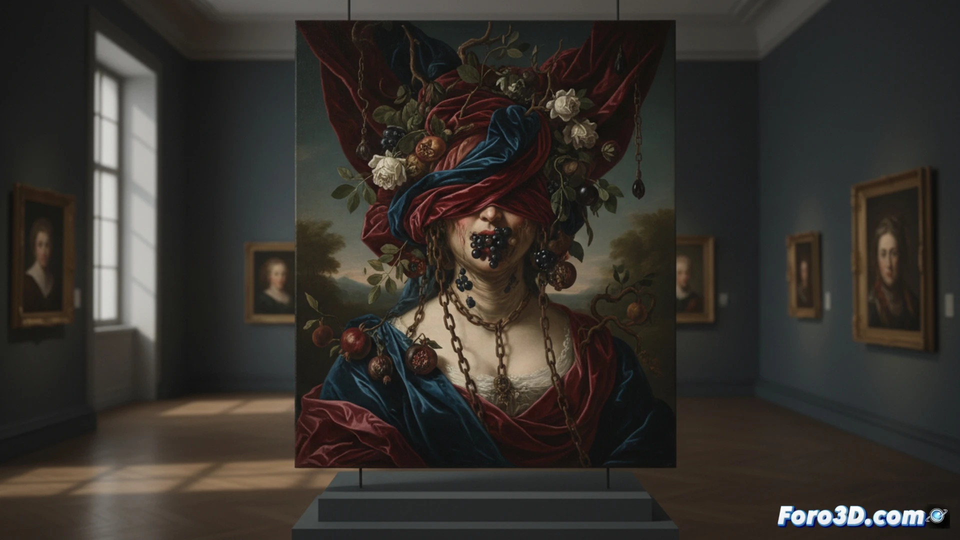 Classical oil painting of a 19th century noblewoman in ornate gown, her face obscured by cascading green fabric and blooming peonies, paintbrush in hand actively distorting features on canvas, museum gallery walls with gilded frames visible behind, dramatic chiaroscuro lighting, thick impasto strokes contrasting with smooth skin textures, cinematic fine art photography style, technical art restoration process showing pigment layers being manipulated, ultra-detailed brushwork and canvas weave, photorealistic art documentation render