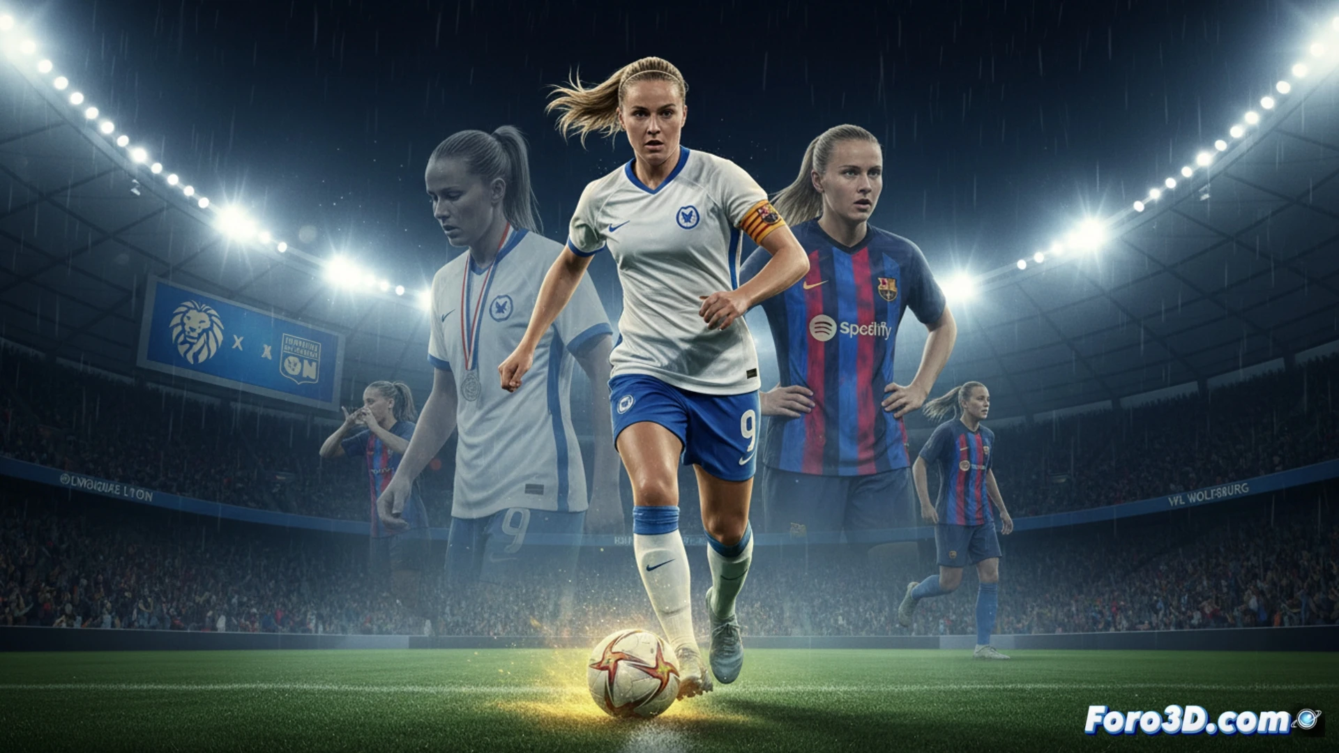 Ewa Pajor lanzando un potente disparo con el pie derecho mientras tres defensoras del Lyon intentan bloquear, balón en trayectoria curva hacia el ángulo superior izquierdo, estadio Ullevaal en Oslo con gradas iluminadas bajo focos nocturnos, césped con marcas de desgaste y barro, brazalete de capitana polaca ondeando, cámara a nivel del suelo capturando el impacto del pie contra el balón, sudor y tensión muscular visibles, estilo cinematográfico fotorealista, iluminación dramática con sombras pronunciadas, profundidad de campo reducida, movimiento congelado en el instante del disparo.