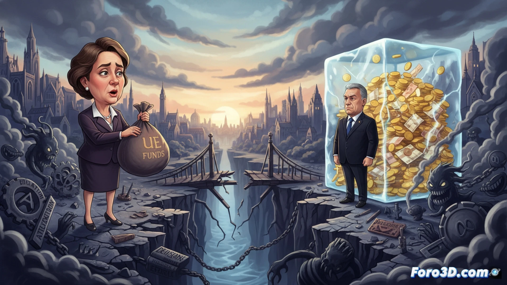 photorealistic wide-angle shot of European Union banknotes stacked inside a transparent glass vault, padlocked with a Hungarian government seal chain, a female political figure in a business suit pressing her palm against the glass while ignoring a glowing holographic tablet showing anti-corruption reforms and rule-of-law checkboxes unchecked, cinematic lighting from overhead spotlights casting long shadows on a marble floor, metallic vault door ajar with EU flag emblem, technical illustration style, sharp focus on the padlock mechanism and her hand gesture, high contrast industrial atmosphere