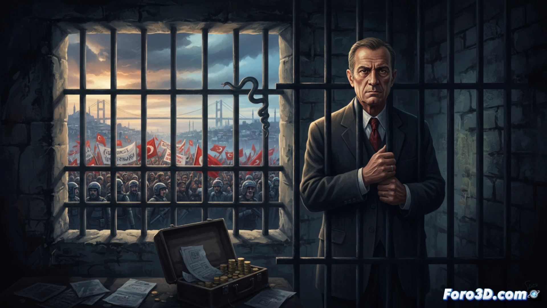 A courtroom scene in Antalya, Turkey, showing a judge’s gavel striking a wooden block while handcuffed former mayor Kara stands in a glass defendant booth, behind him a digital evidence screen displaying money laundering flowcharts and encrypted chat logs, beside the prosecutor’s table a laptop with financial transaction software open, protesters outside visible through a window, cinematic photorealistic technical illustration, dramatic shadows, cold blue and grey tones, ultra-detailed legal environment