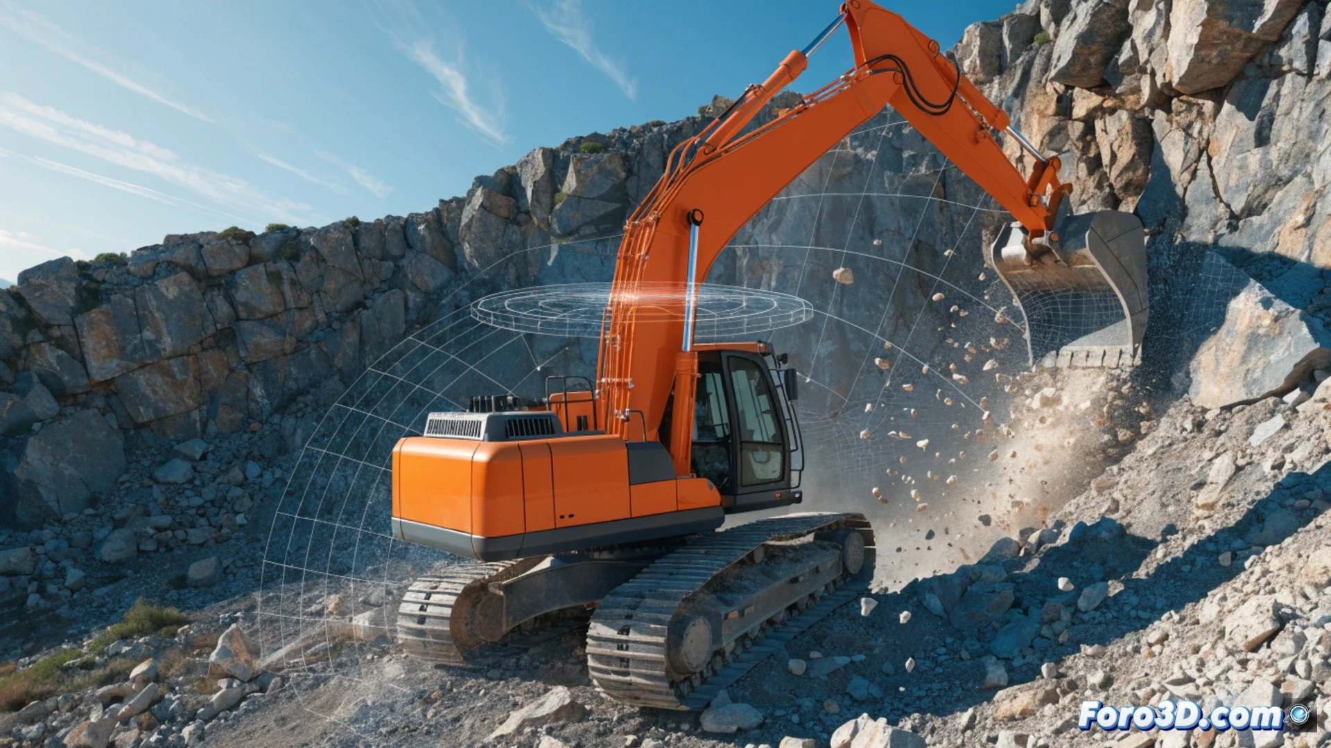 Excavadora con pantalla 3D y GPS, mostrando terreno digital bajo la cuchara, operador enfocado, precisión milimétrica en obra.