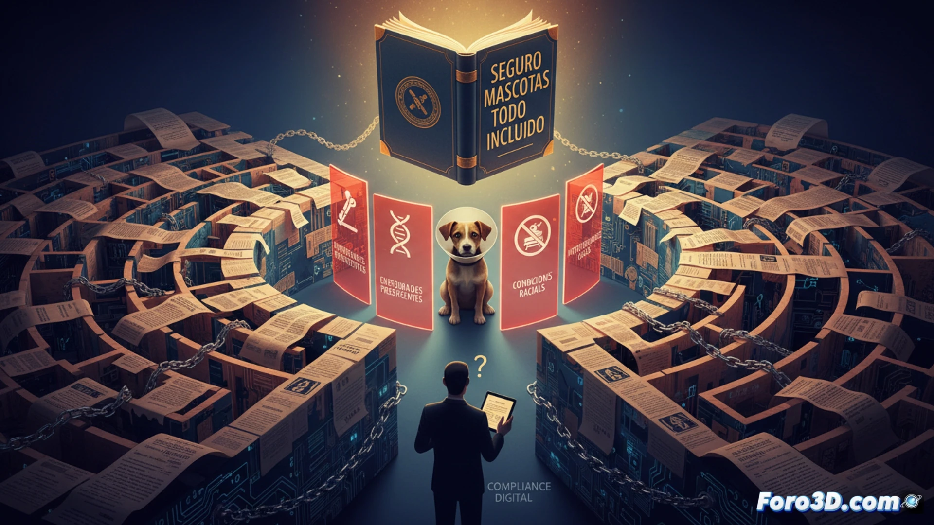 Mascota con vendaje y lupa sobre contrato de seguro, cláusulas ocultas visibles