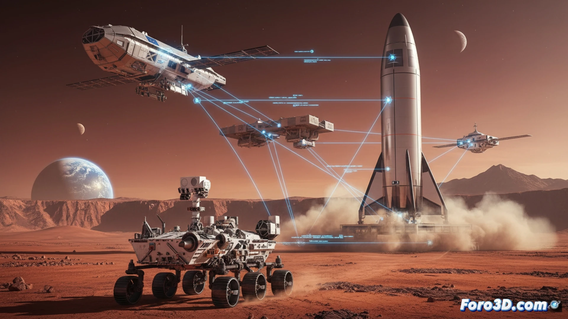 Rover Rosalind Franklin en Marte con fondo rocoso y cielo anaranjado, ilustración de misión ExoMars 2028
