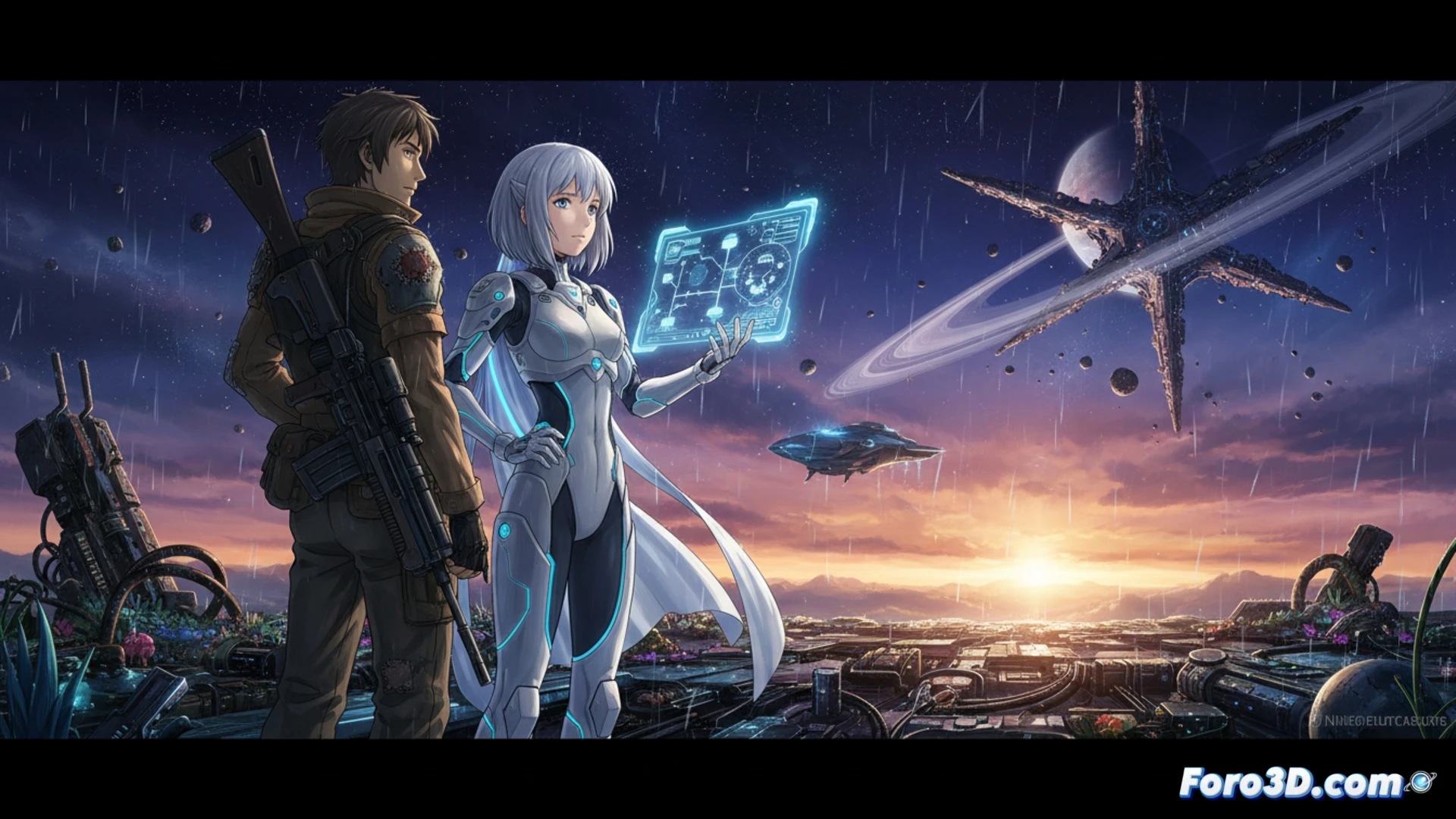 Una escena nocturna futurista con Angela y Dingo frente a una nave estelar brillante, bajo un cielo alienígena lleno de estrellas y neones.