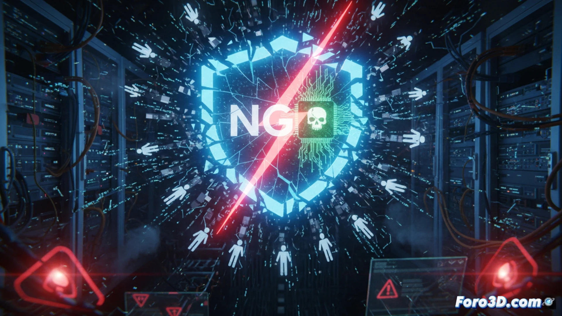 Cinematic technical illustration showing an NGINX server rack with multiple worker process icons collapsing like dominos, red warning glitch effects spreading across a network topology diagram, a terminal window displaying exploit code injection targeting the master process, while a glowing red RCE pathway traces from an external hacker silhouette to the server core, photorealistic engineering visualization, dramatic red and black lighting, ultra-detailed motherboard components and fiber optic cables, motion blur on collapsing worker nodes, realistic data stream particles, dark industrial server room atmosphere