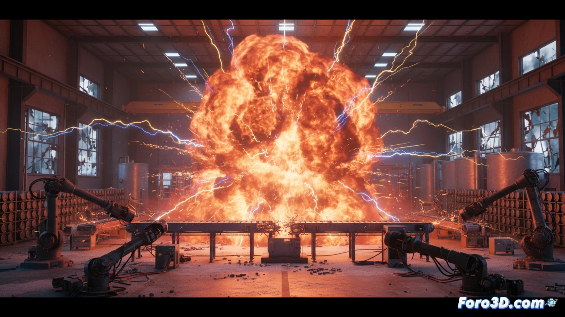 Simulación 3D de explosión de polvo de litio en fábrica de baterías con onda de choque y destrucción