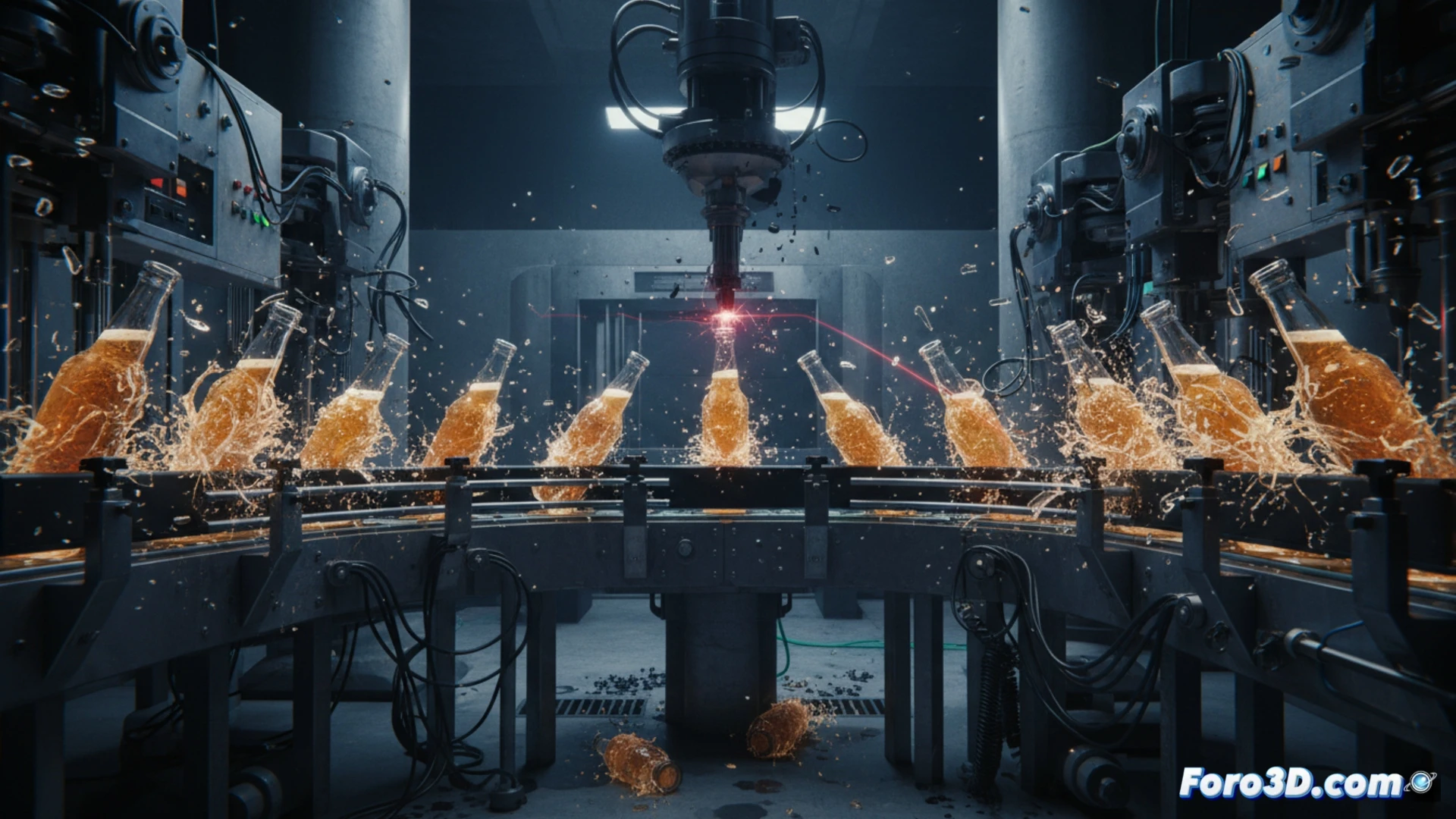 Render 3D de línea de embotellado destruida con botellas fracturadas y análisis de trayectorias de fragmentos