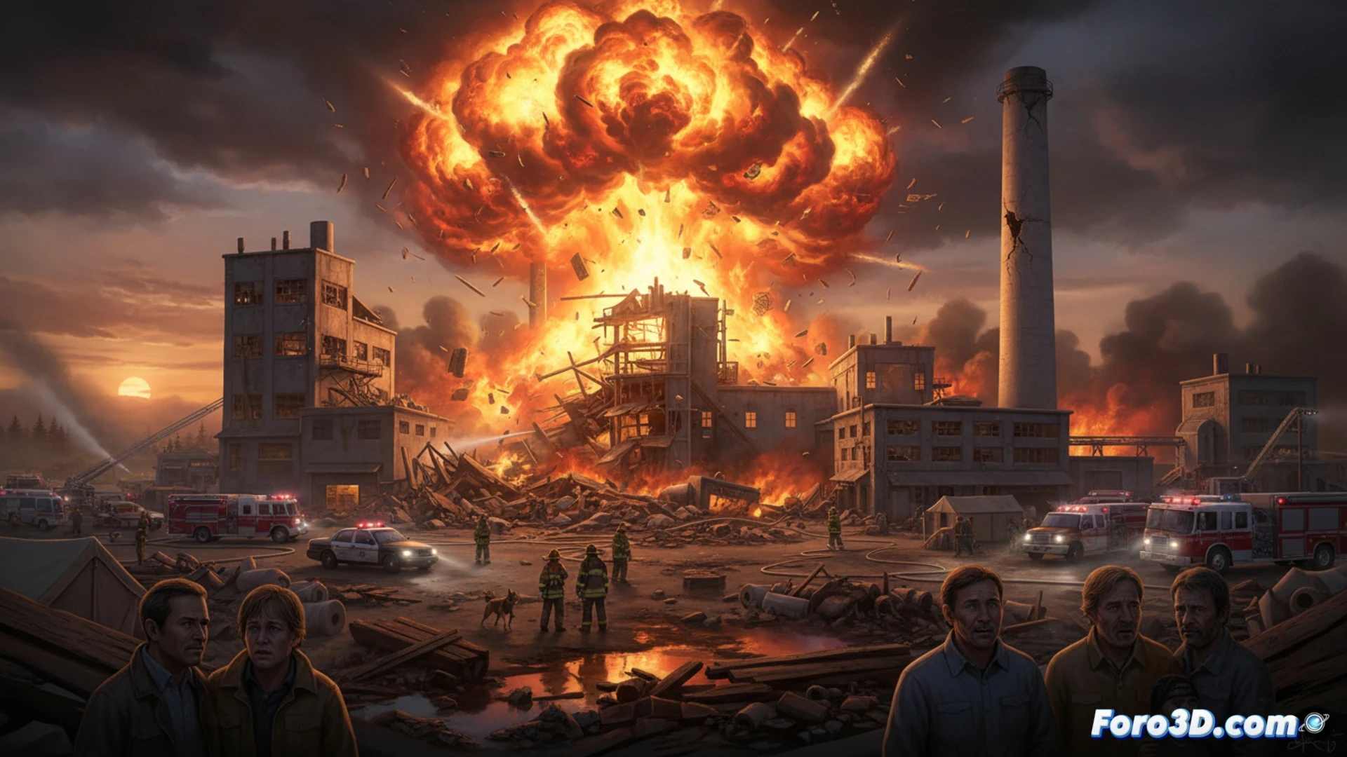 Explosión química en fábrica de papel, tanque de lejía cáustica reventado, nube tóxica verde-amarilla expandiéndose, tuberías retorcidas y estructuras metálicas colapsadas, bomberos con trajes hazmat avanzando entre escombros humeantes, grúas industriales inclinadas, luces de emergencia parpadeando sobre el caos, humo denso cubriendo la instalación, estilo cinematográfico fotorrealista, iluminación dramática con destellos anaranjados, atmósfera apocalíptica, texturas de acero oxidado y vidrio roto, profundidad de campo borrosa, render técnico hiperrealista