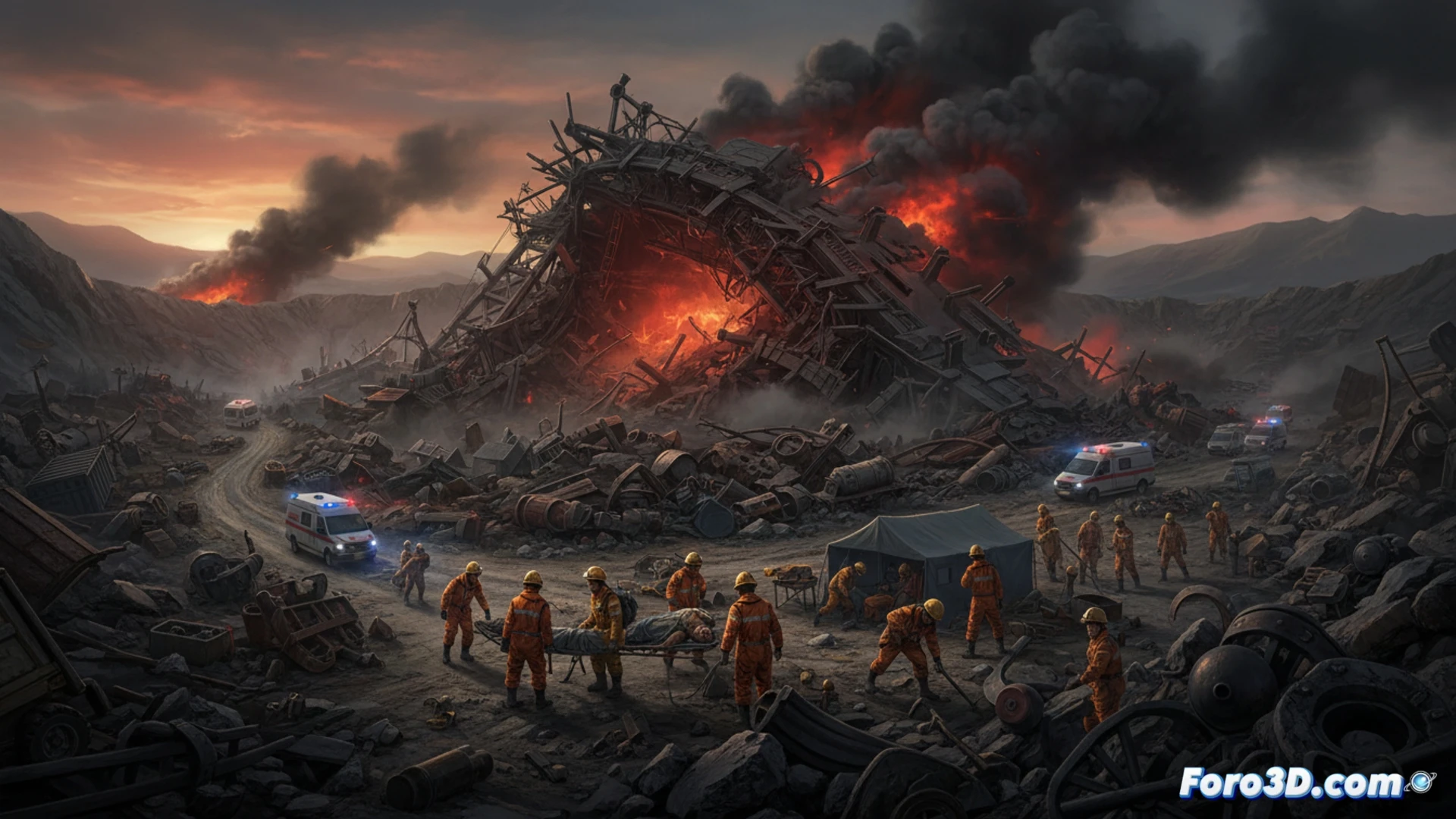 collapsed coal mine tunnel interior, rescue workers in orange helmets and breathing apparatus rushing through rubble, twisted steel support beams and crushed conveyor belt debris, a pile of broken mining carts with shattered wheels, thick dust cloud illuminated by helmet headlamps and emergency floodlights, glowing methane gas traces visualized as faint blue wisps near cracked ventilation pipes, damaged rock bolting system on the ceiling, realistic disaster scene, cinematic photorealistic style, dramatic low-angle shot, gritty textures, intense orange and grey color palette, heavy atmosphere, technical rescue equipment visible on workers