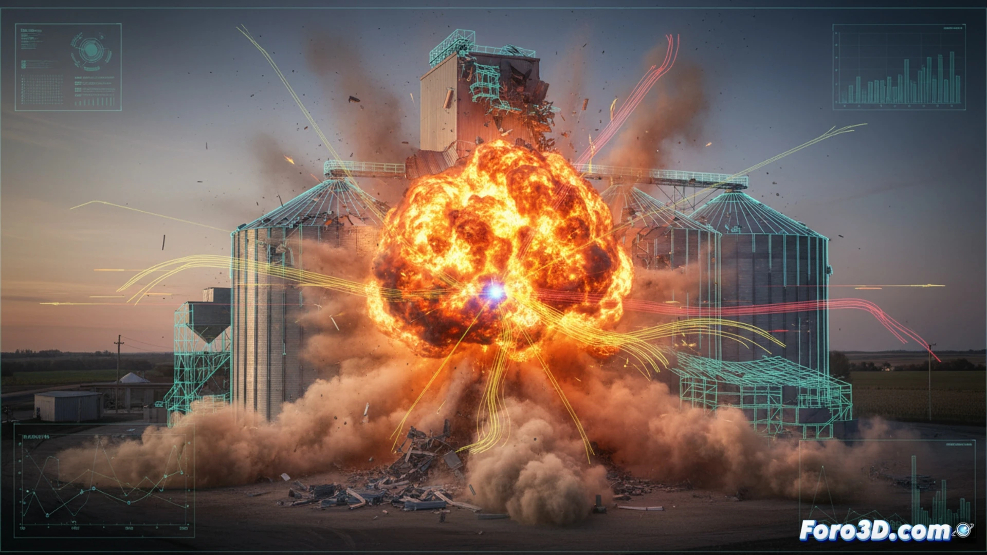 Reconstrucción 3D de silo de cereales dañado por explosión con nube de polvo y puntos LiDAR