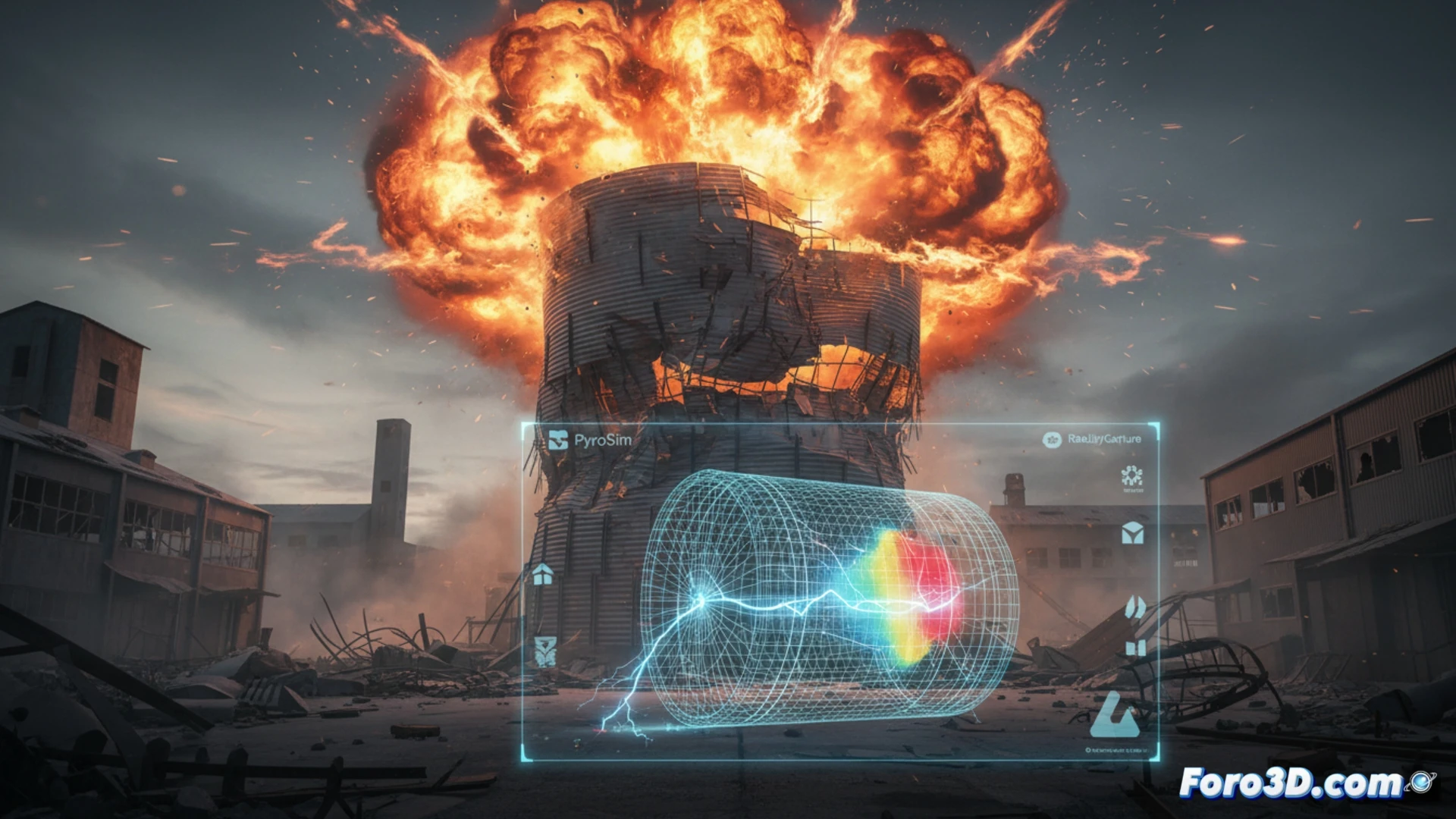 Simulación 3D de silo de harina deformado por explosión de polvo combustible con puntos de impacto