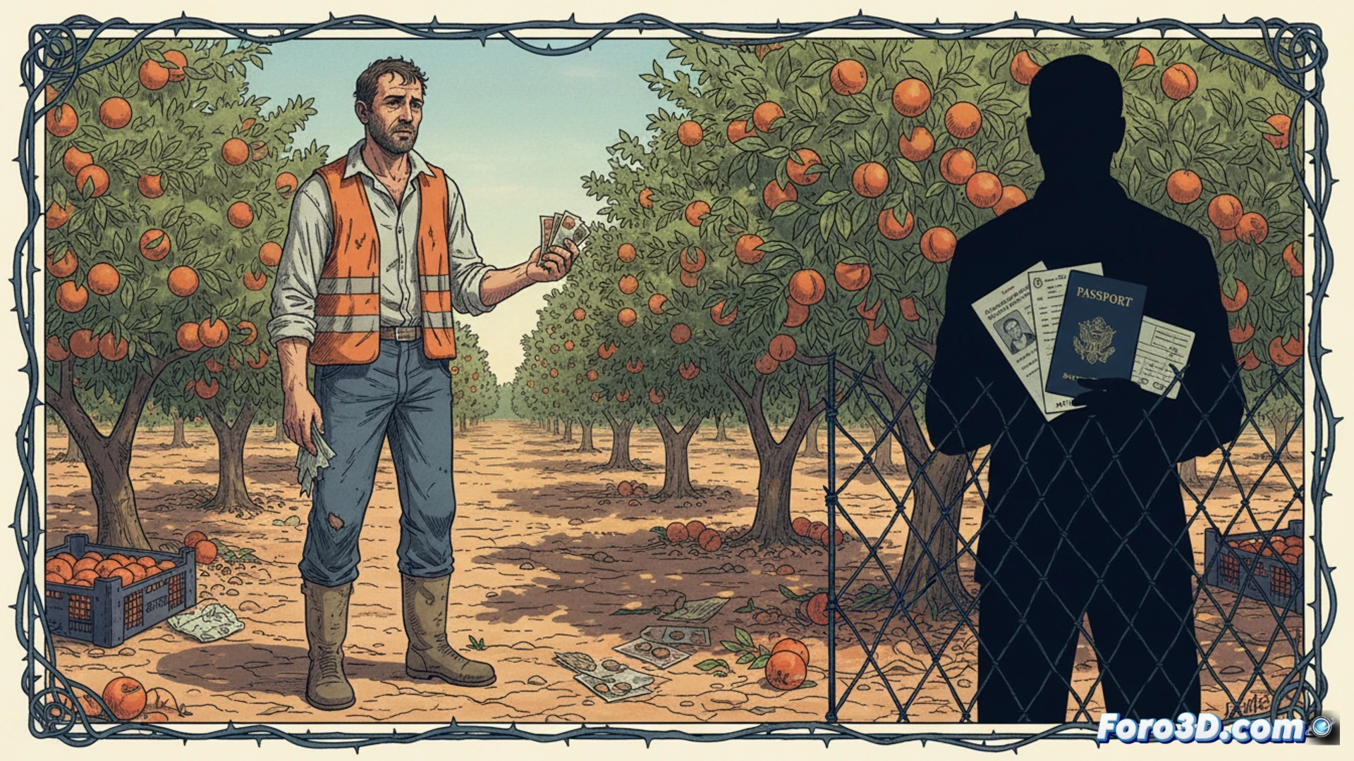 agricultural field at sunset, exhausted fruit picker kneeling among wooden crates, hands gripping soil, weathered face looking down, empty water bottle beside them, broken pruning shears on ground, distant tractor blurred in background, cinematic photorealistic style, dramatic shadows, warm golden light contrasting with cool blue sky, dust particles floating, sweat droplets visible on skin, worn-out gloves with holes, rusty metal ladder leaning against tree, hyper-detailed textures, emotional documentary photography aesthetic