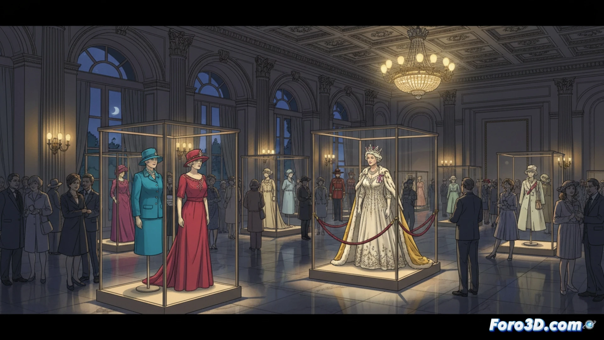 royal exhibition gallery interior, visitors wearing formal attire gathered around a glass display case containing Queen Elizabeth II s vibrant silk dress and matching hat, a museum technician in white gloves adjusting the spotlight angle with a precision tool, fashion sketches and archival fabric samples pinned to a nearby wall display, cinematic photorealistic visualization, warm golden lighting from crystal chandeliers reflecting on polished marble floor, deep red velvet ropes creating a guided path, soft shadows accentuating the intricate embroidery on the gown, highly detailed textile textures, dramatic yet reverent museum atmosphere