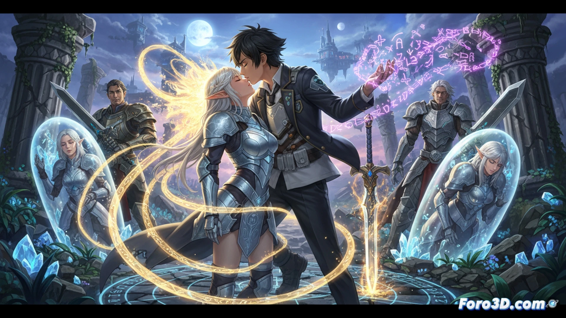 anime-style RPG battle scene, male student hero leaning forward to kiss a glowing female warrior mid-air, magical kiss energy transferring as sparkling pink enchantment particles, turn-based combat interface shown via floating command menu and glowing health bars, enchanted sword and shield floating beside them surrounded by swirling blue magical runes, enemy shadow monster crumbling in background, soft fantasy lighting with dramatic glow effects, vibrant cel-shaded anime art style, dynamic action pose with motion lines, detailed magical particle effects, cinematic composition, game key art style