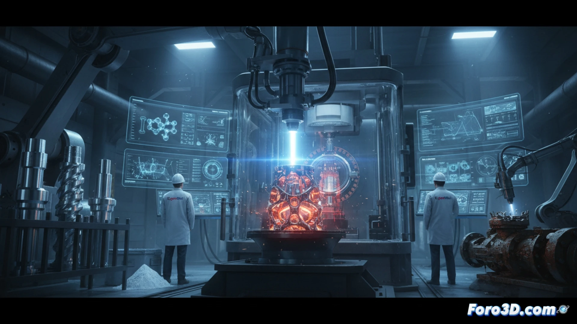 Industrial laser metal deposition machine actively printing a titanium impeller blade for oil and gas, bright laser beam melting titanium powder onto a rotating component, robotic arm positioning a damaged turbine part for repair, extreme offshore platform environment visible through background window, engineering visualization style, photorealistic technical illustration, metallic orange glow from laser interaction, fine powder particles suspended mid-air, realistic surface textures of layered titanium, dramatic industrial lighting with cool blue ambient contrast, ultra-detailed mechanical components and deposition nozzle.