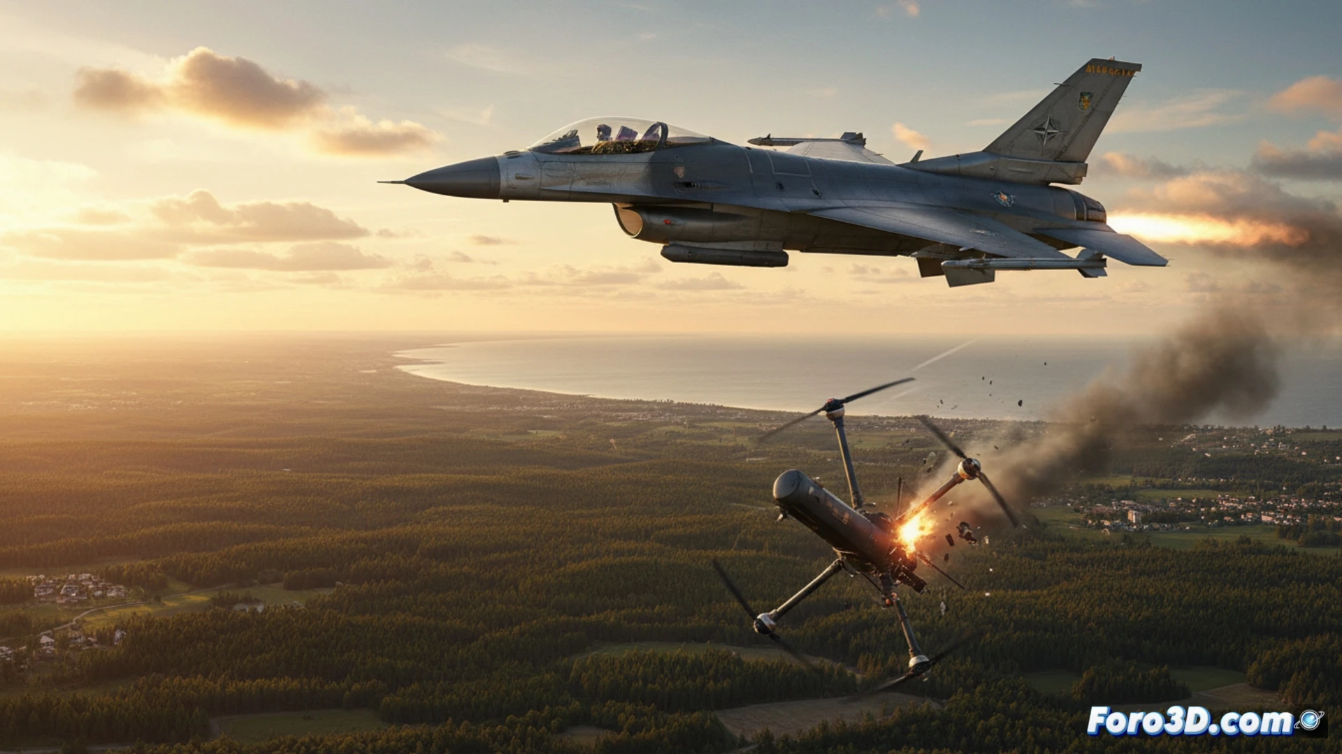 F-16 Fighting Falcon en vuelo sobre campo estonio, disparando un misil AIM-120 AMRAAM hacia un dron de ala fija con marcas militares grises, dron entrando desde el este sobre una llanura boscosa, estela de vapor del misil, alerones del caza en acción, sol del mediodía iluminando la cabina y el radar, humo de escape del motor turbofán, paisaje báltico con líneas eléctricas y granjas, cinematográfica iluminación dorada, nubes stratocumulus, alta definición técnica, render fotorrealista con profundidad de campo