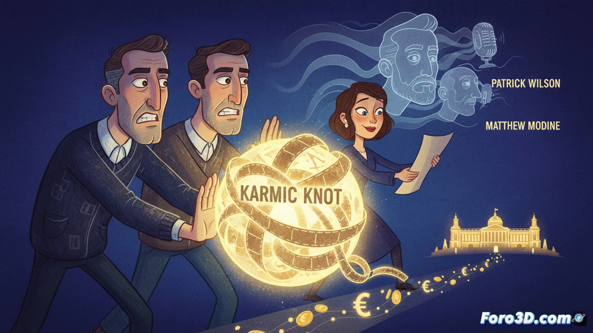 Una composición abstracta con nudos dorados entrelazados sobre un fondo índigo, evocando el karma. Al fondo, siluetas de Patrick Wilson, Matthew Modine y Gracie Lawrence emergen entre sombras, mientras logotipos de Fabian&Fred y Baumane brillan sutiles.