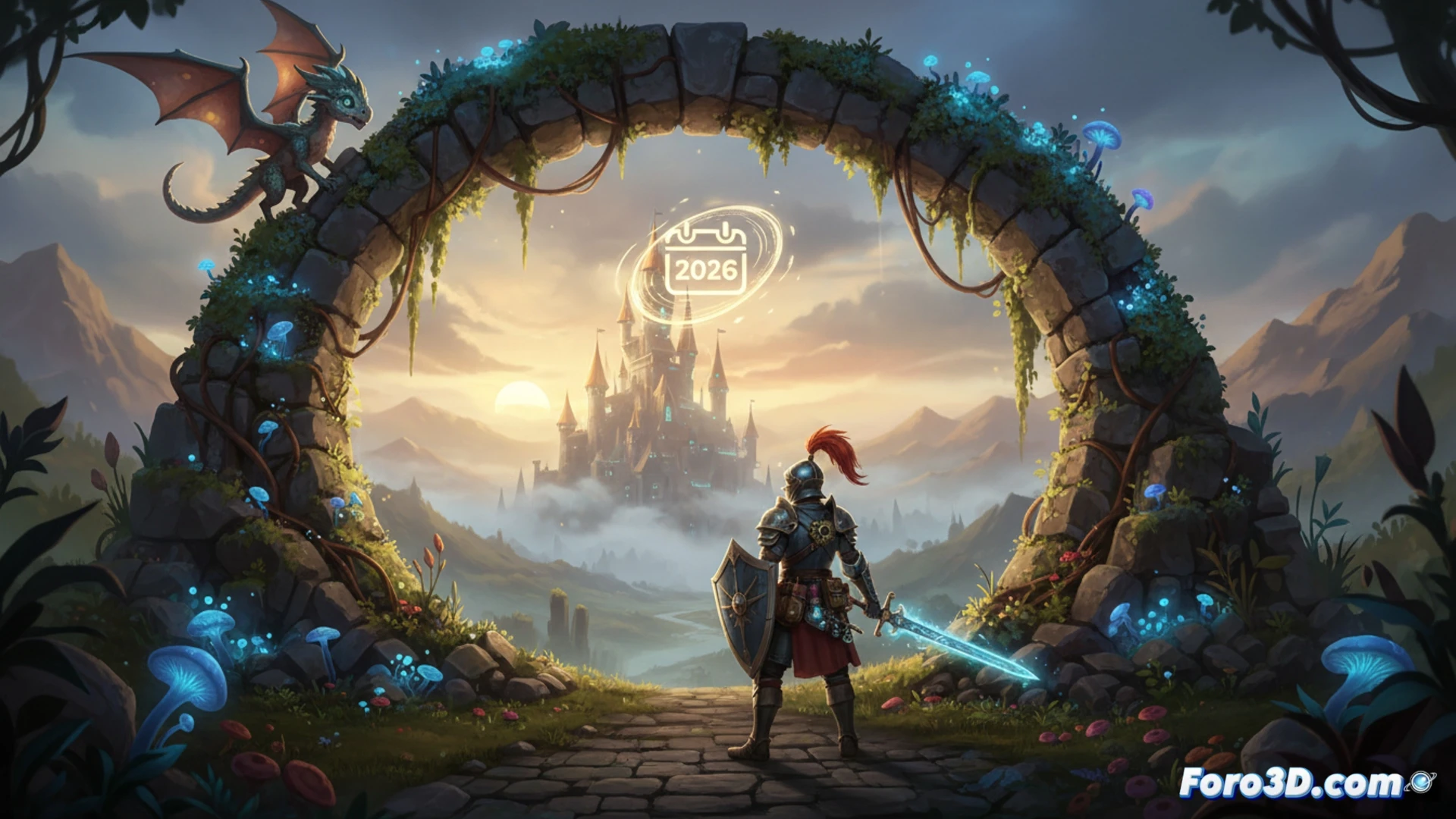 medieval fantasy adventurer holding a glowing hourglass while standing on a crumbling stone bridge, game development tools floating in the air around them, a glowing 2026 calendar page embedded in the ground cracking with light, surrounding forest environment with digital wireframe trees and particle effects, cinematic photorealistic render, dramatic sunset lighting, golden dust particles rising from the hourglass, action pose showing determination, ultra-detailed armor textures, mystical atmosphere blending fantasy and technology