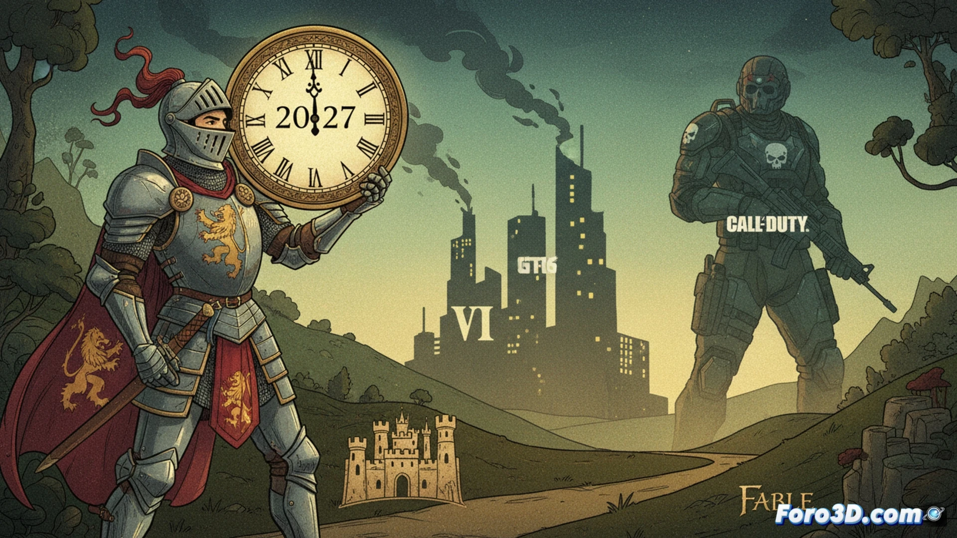 old stone bridge crumbling over a digital calendar grid, 2027 date glowing while 2026 fades into dust, GTA 6 and Call of Duty logos as giant shadows looming behind, a lone hero in armor walking away from the calendar toward a distant Albion castle, photorealistic cinematic lighting, volumetric fog, moss-covered masonry mixed with holographic interface elements, sword reflecting pixelated timeline fragments, dramatic contrast between fantasy stonework and futuristic UI overlays, ultra-detailed environment, epic wide-angle composition
