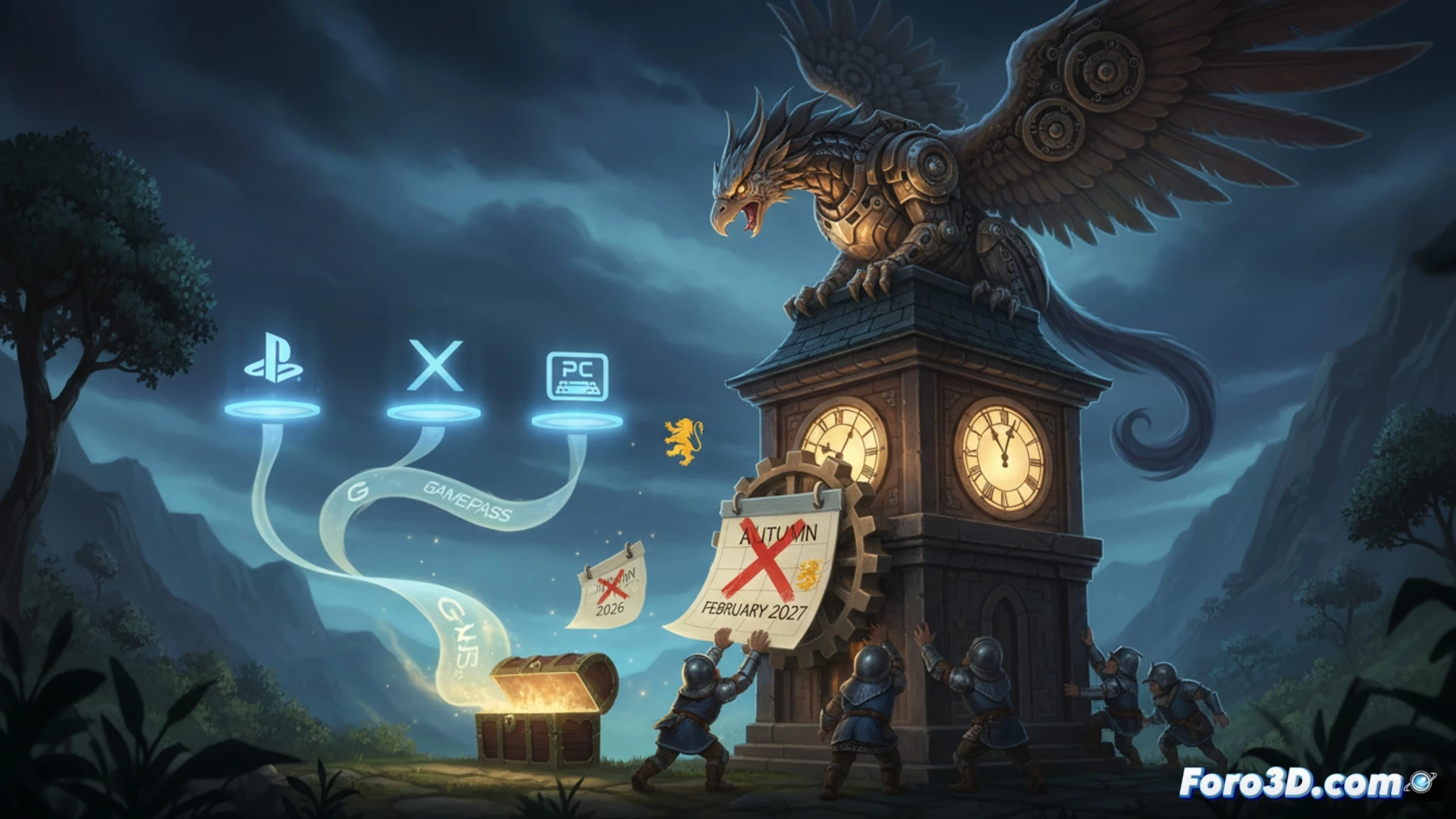 fantasy RPG development scene, game engine interface with unfinished character models and terrain grids, glowing progress bars on a monitor showing Fable 2027 release timeline, game designer hands adjusting a timeline slider from autumn 2026 to february 2027, calendar pages flipping backward, controller and keyboard on desk, cinematic technical visualization, soft blue and green ambient light from screens, polished wood desk surface, reflective studio lighting, ultra-detailed textures on tools and hardware, photorealistic engineering render