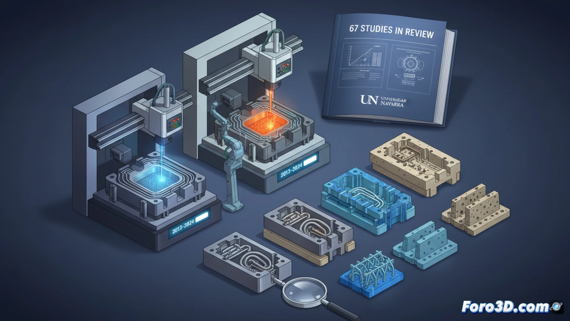 engineering visualization of metal laser powder bed fusion printing an injection mold insert, complex conformal cooling channels visible inside the layered metallic structure, molten powder particles fusing layer by layer, robotic arm removing finished insert from build platform, industrial 3D printing chamber with blue laser beam scanning across powder bed, technical illustration style, metallic gradients and reflective surfaces, precise geometric lattice supports beneath the insert, photorealistic render with dramatic shadow and highlight contrasts, no text or numbers