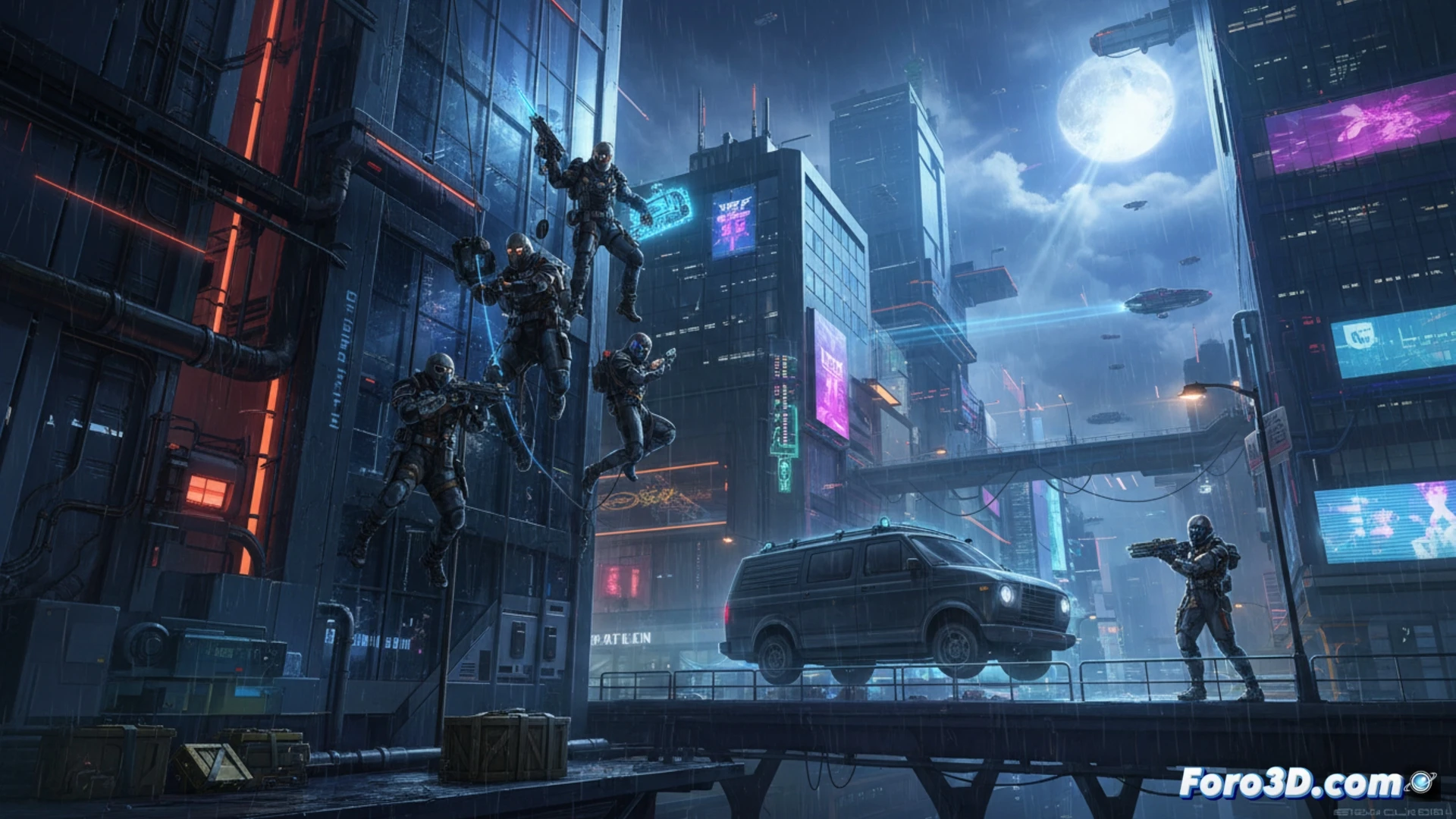 Fairgame$ en Unreal Engine 5: edificios estilizados, equipo de atracos cooperativo bajo luces neón urbanas.